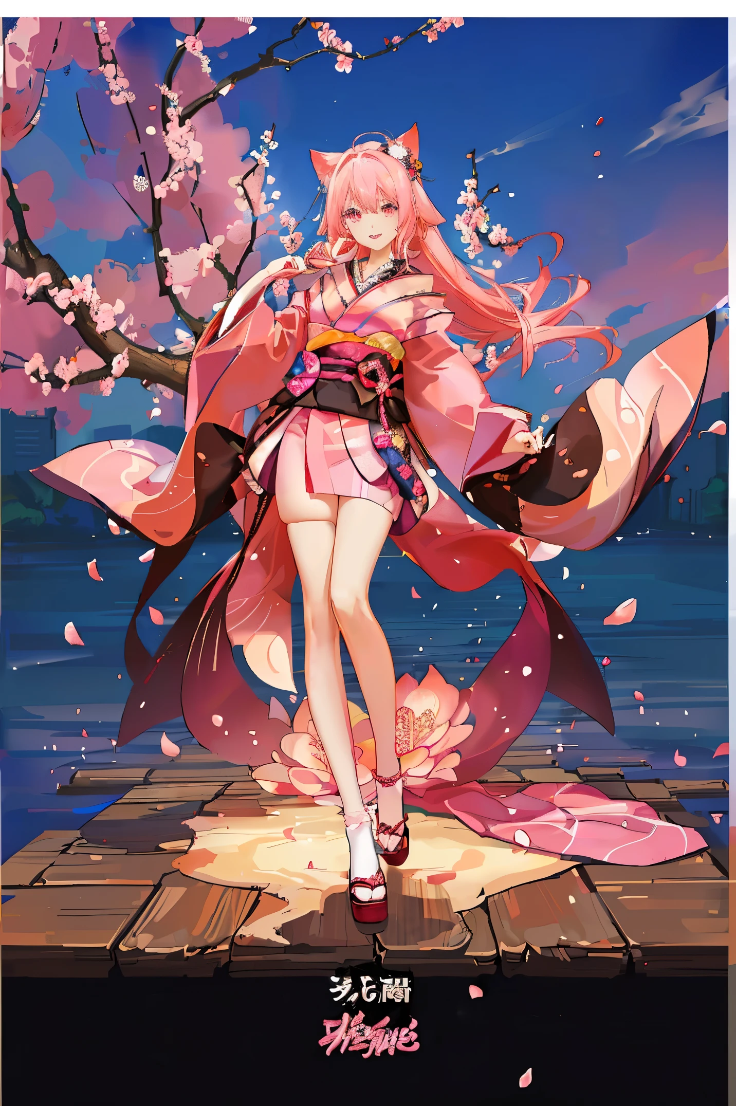"anime girl, 1 person, pink hair, pink cat ears, pink eyes, kimono, cherry pink kimono, cherry blossom petal pattern on shirt, long stockings, big breasts, festival, New Year's Eve fireworks, watching fireworks, night, smiled shyly,solo, looking from different directions, standing cross-legged. (full HD 4K+ image)"