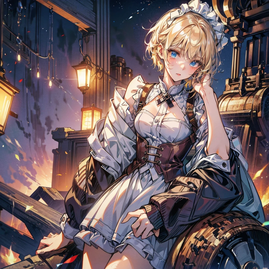 (Official art、Best Quality、Unity 8k Wallpapers、32K、masterpiece、ultra-detailliert、超A high resolution、The best illustrations、Very ridiculous:1.2)、(Cinematic lighting:1.2), 1girl, solo, Autum background, masterpiece, highly detailed, blue eyes, blonde hair, short hair, Rubber Gloss, dress, blush, maid, Detailed beautiful face and eyes、Sharp pupils、Realistic pupils, (Ultra-detailed and complex 3D rendering), (super detailed skin、detailed skin textures:1.3)