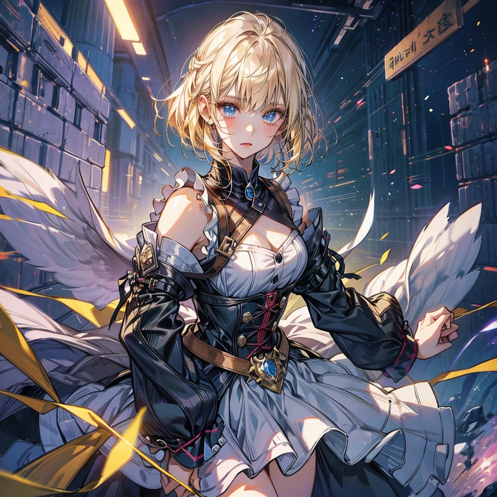 (Official art、Best Quality、Unity 8k Wallpapers、32K、masterpiece、ultra-detailliert、超A high resolution、The best illustrations、Very ridiculous:1.2)、(Cinematic lighting:1.2), 1girl, solo, Autum background, masterpiece, highly detailed, blue eyes, blonde hair, short hair, Rubber Gloss, dress, blush, maid, Detailed beautiful face and eyes、Sharp pupils、Realistic pupils, (Ultra-detailed and complex 3D rendering), (super detailed skin、detailed skin textures:1.3)