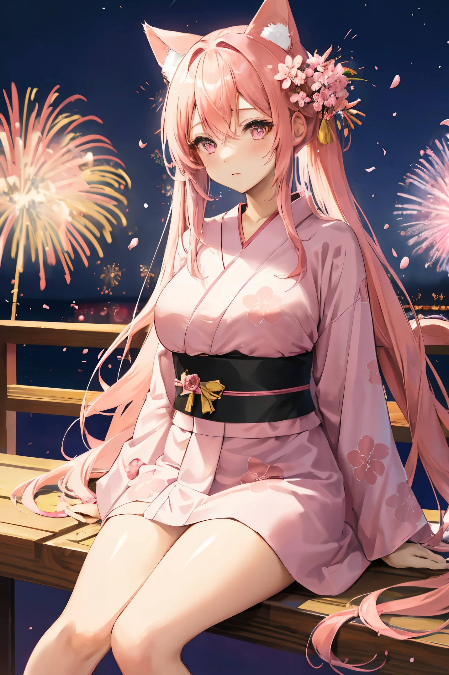 "anime girl, 1 person, pink hair, pink cat ears, pink eyes, kimono, cherry pink kimono, cherry blossom petal pattern on shirt, long stockings, big breasts, festival, New Year's Eve fireworks, watching  fireworks, night, solo, looking from different directions, standing cross-legged. (full HD 4K+ image)"