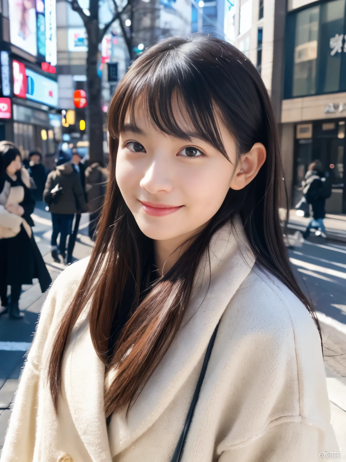 photorealistic, 8k full-length portraits, Beautiful woman, A charming expression, Clear system, 20-year-old, Tokyo, winter, Shibuya in the background