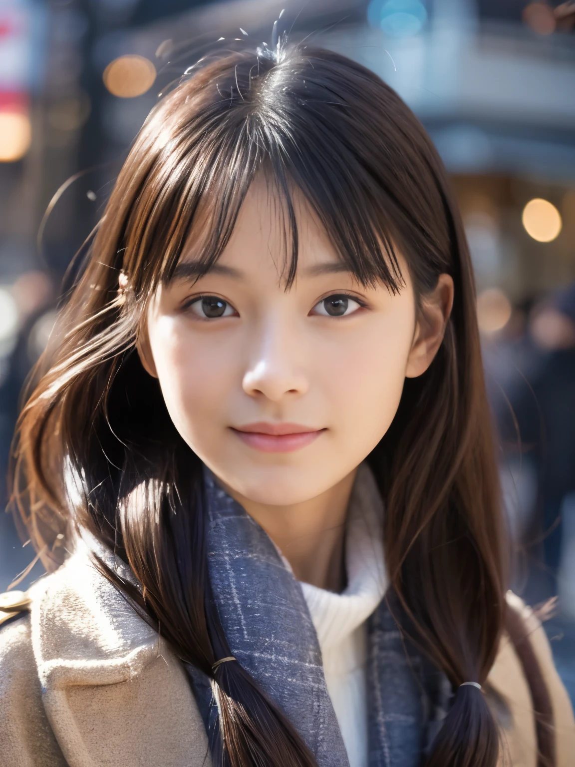 photorealistic, 8k full-length portraits, Beautiful woman, A charming expression, Clear system, 20-year-old, Tokyo, winter, Shibuya in the background
