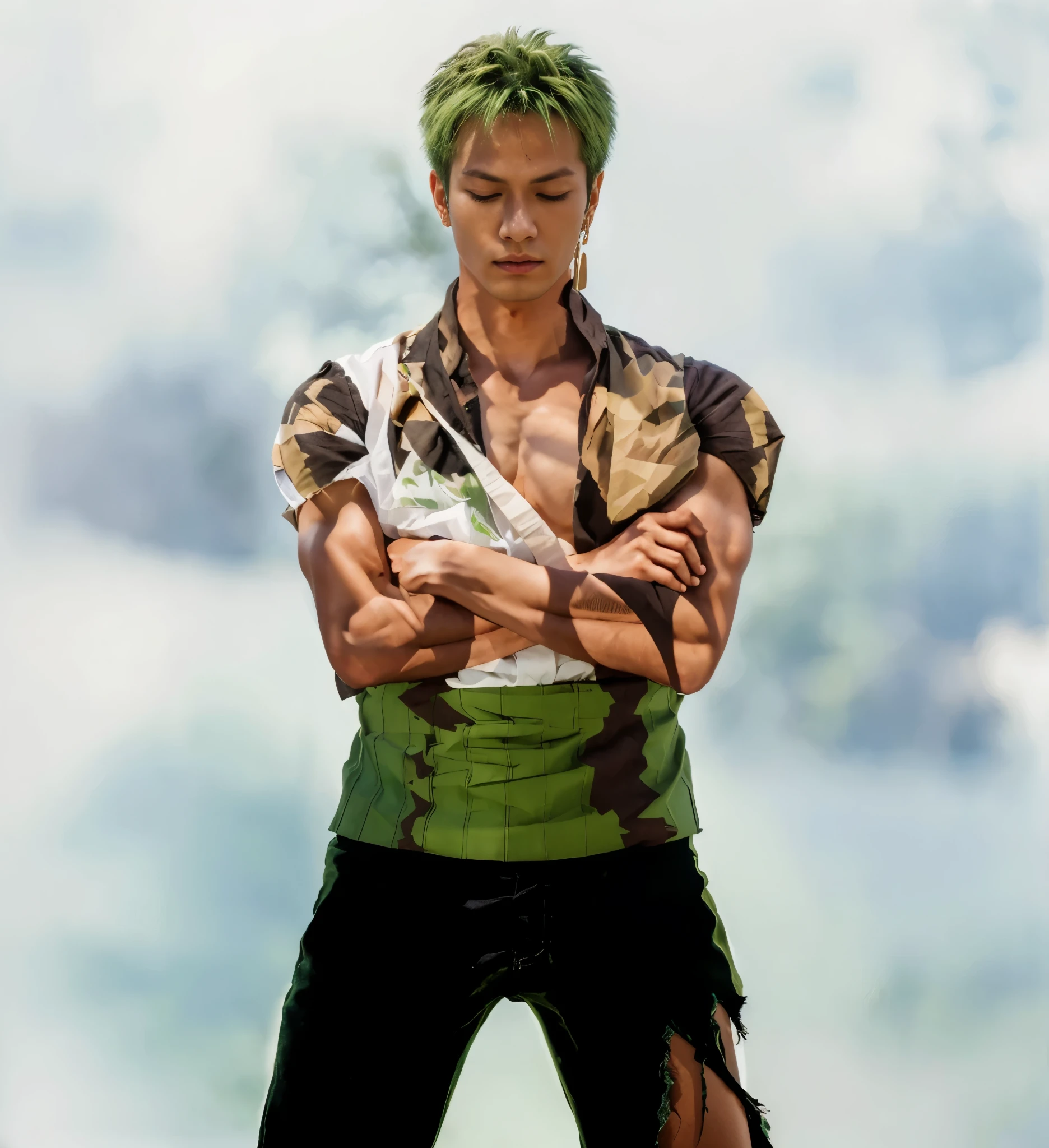 (masterpiece), (realistic), (ultra detailed), ( high reest quality), (photorealistic), (perfect face), 1young man, 1male, solo, Japanese people, ((muscular)), age 20 old, roronoa zoro from one piece, roronoa zoro, short hair, green hair, the characters don't wear clothes, The character wears three earrings on the left ear, wearing a torn white shirt, wearing long torn black trousers, wearing a green cloth belt, the character's eyes are closed, behind the character there is white mist