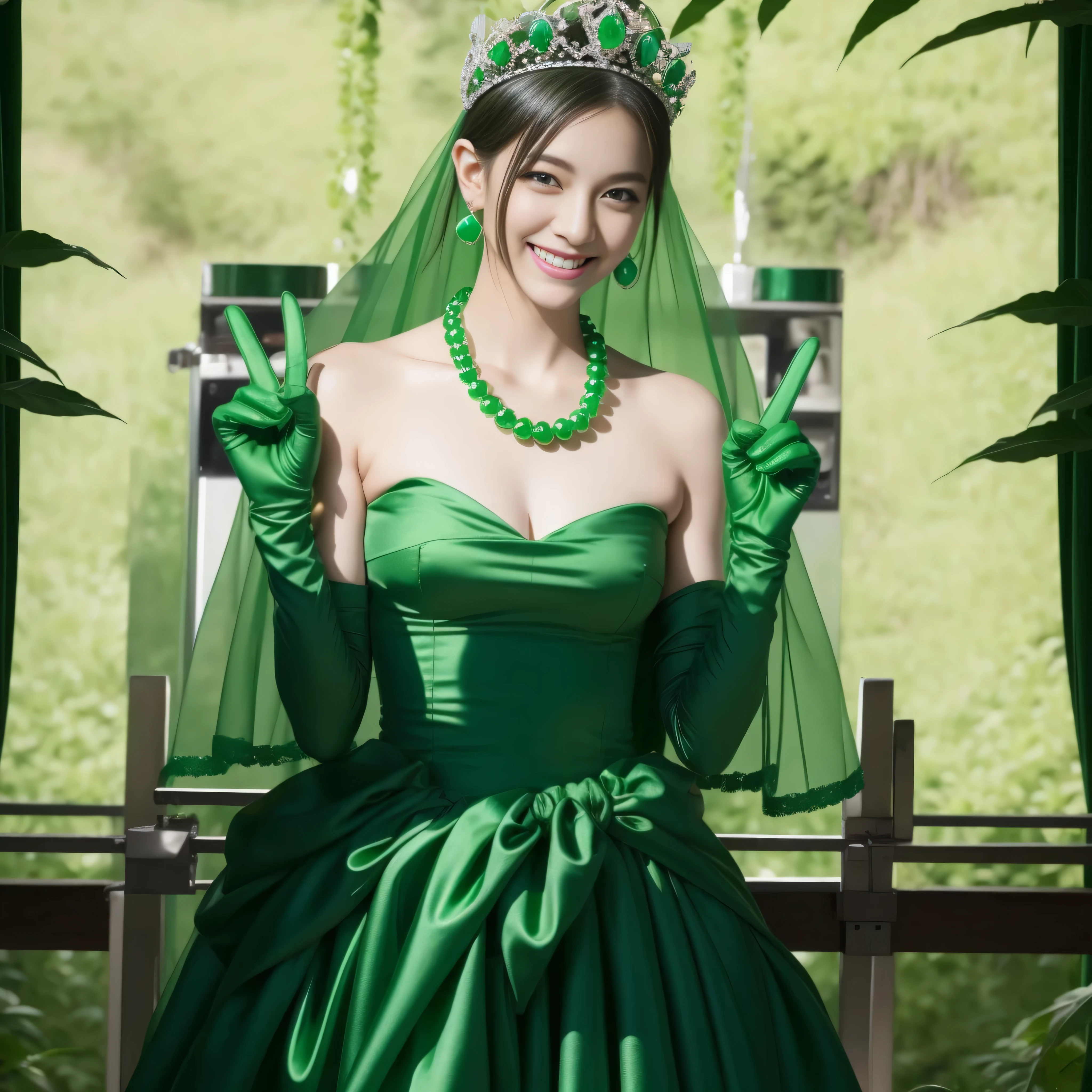 emerald tiara, Green Pearl Necklace, Boyish very short green hair, lipsticks, Japan woman smiling, very short short hair, Busty beauty, green eyes, Long green gloves made of satin material, green eyes, Emerald Earrings, green vale, v sign