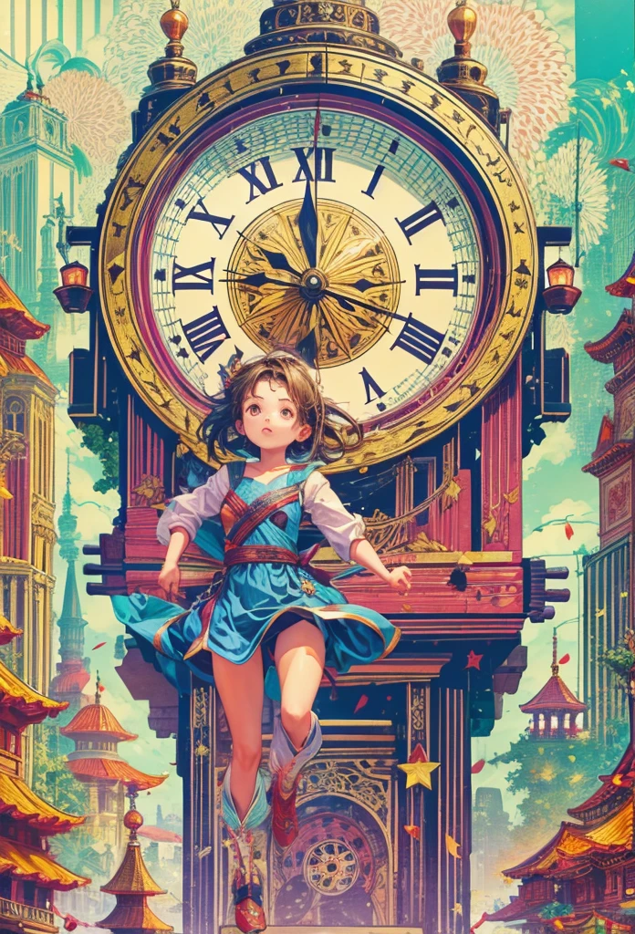 New Year 2024,New Year,Clock hands midnight,flat illustration,flat illustration,(A girl stands on top of a super big clock and runs forward,Look at the audience:1.5),(anatomically correct, Exquisite face makeup , pretty face, Perfect face proportions,golden ratio body),(Advanced facial details:1.1), full of imagination,warm scene,festive,fireworks,lanterns,celebrate New Year,Vector illustration