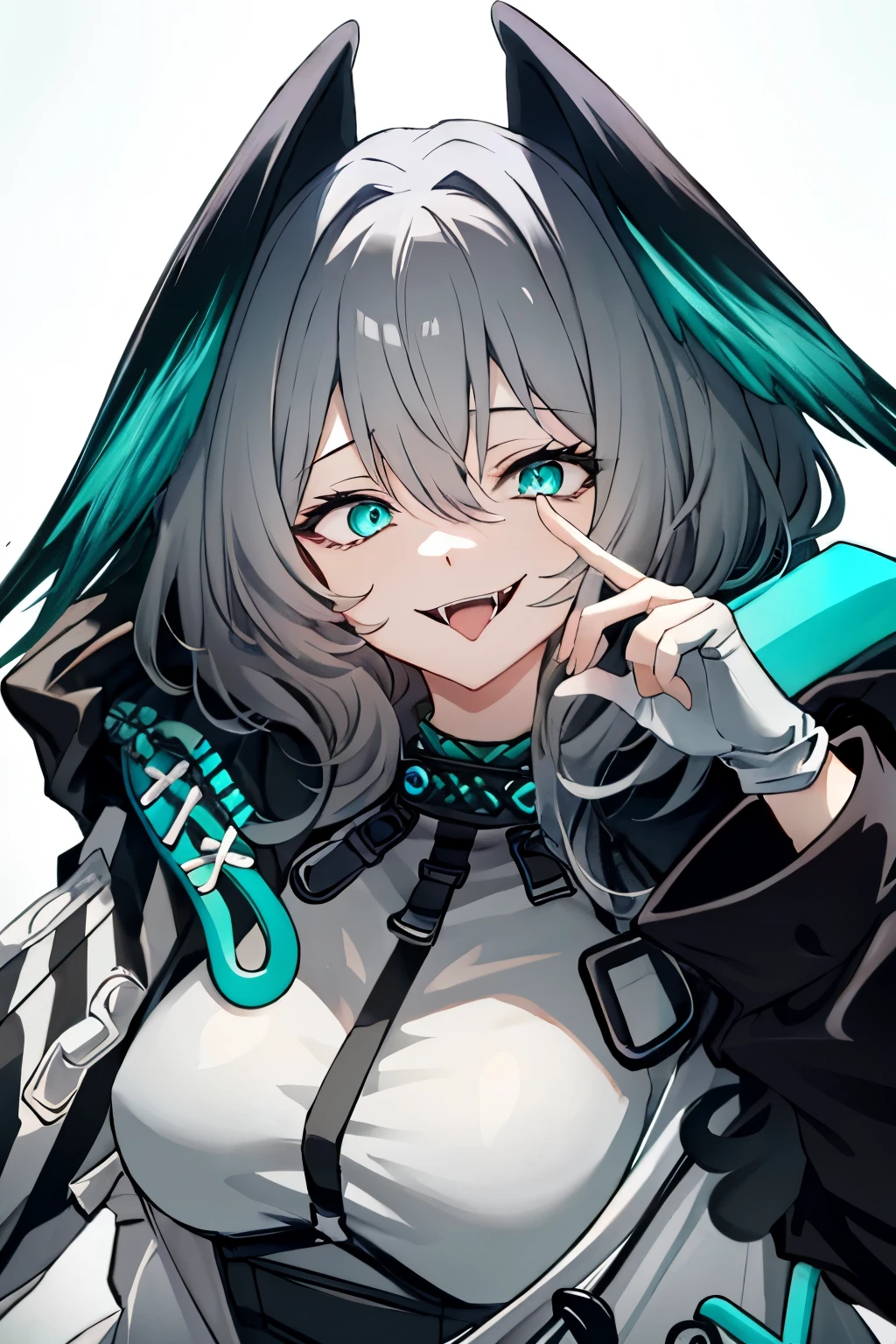 hoolheyak(arknights), 1girl, open mouth, solo, tongue, fingerless gloves, hood, tongue out, smile, grey hair, portrait, aqua eyes, hair between eyes, looking at viewer, i fangs, gloves, white gloves