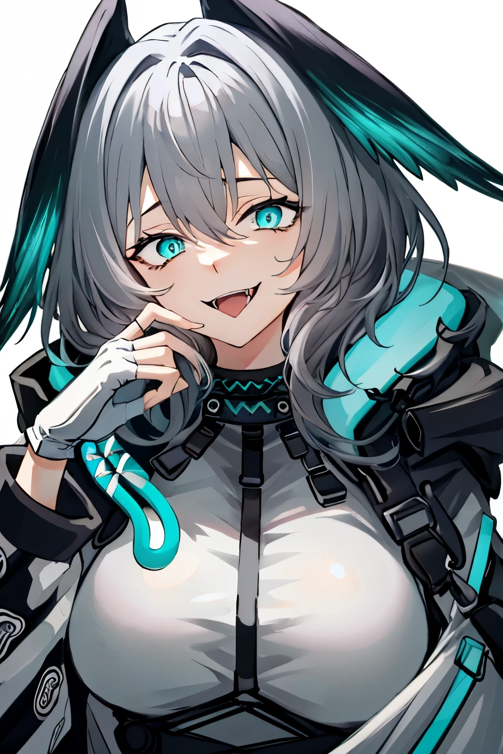 hoolheyak(arknights), 1girl, open mouth, solo, tongue, fingerless gloves, hood, tongue out, smile, grey hair, portrait, aqua eyes, hair between eyes, looking at viewer, i fangs, gloves, white gloves