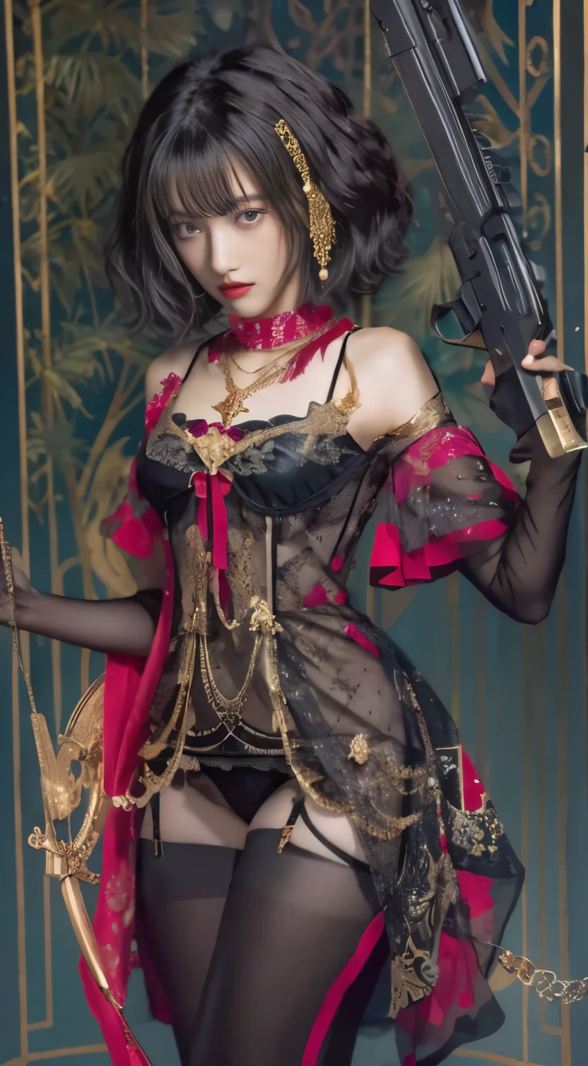 1 girl, masterpiece, Ultra-detailed, 70mm lens, bob hair, short hair, black背心短款, Golden necklace, gold cross necklace pendant, Bracelet, black, holding a gun, red lips, touch, small tits, Wire ,black stockings