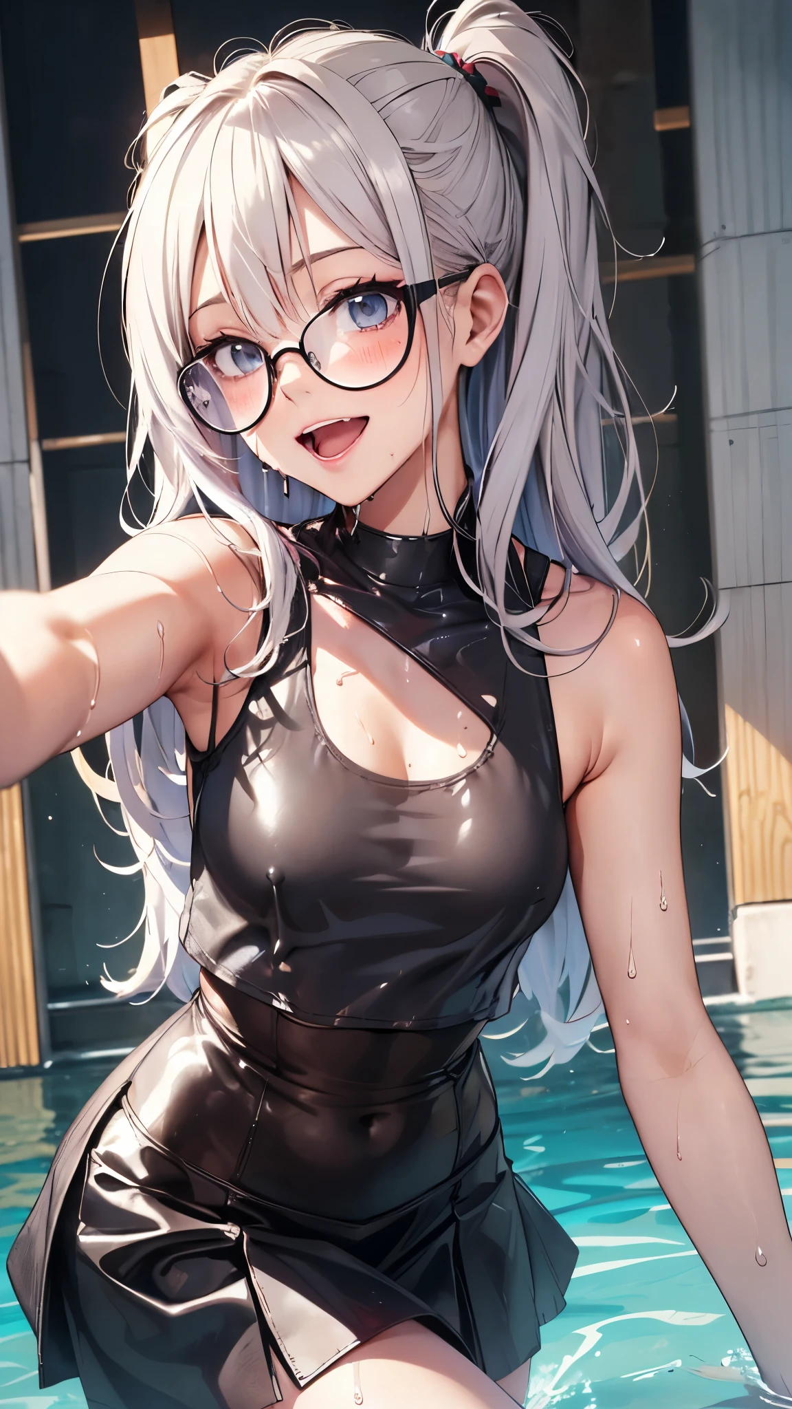 1 female,golden hair,25 years old,(((Blue shiny micro tight skirt)))((white tank top))(((blush cheeks、open mouth smile)),(((straight hair))),(((Portrait))),crowd,,((wet with sweat))(Sexy black bra with see-through tank top)(glasses)(((small breasts)))