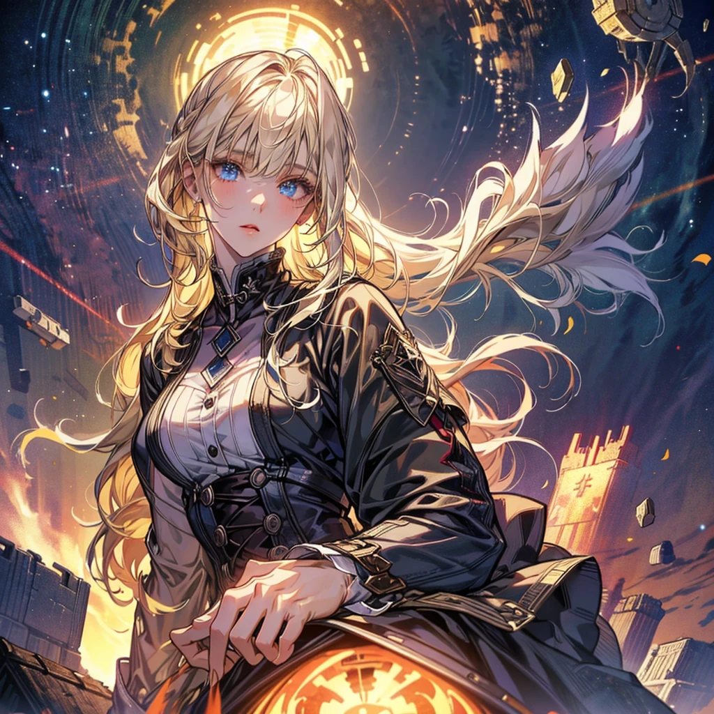 (Official art、Best Quality、Unity 8k Wallpapers、32K、masterpiece、ultra-detailliert、超A high resolution、The best illustrations、Very ridiculous:1.2)、(Cinematic lighting:1.2), 1girl, solo, Autum background, masterpiece, highly detailed, blue eyes, blonde hair, long hair, Rubber Gloss, dress, blush, maid, Detailed beautiful face and eyes、Sharp pupils、Realistic pupils, (Ultra-detailed and complex 3D rendering), (super detailed skin、detailed skin textures:1.3)