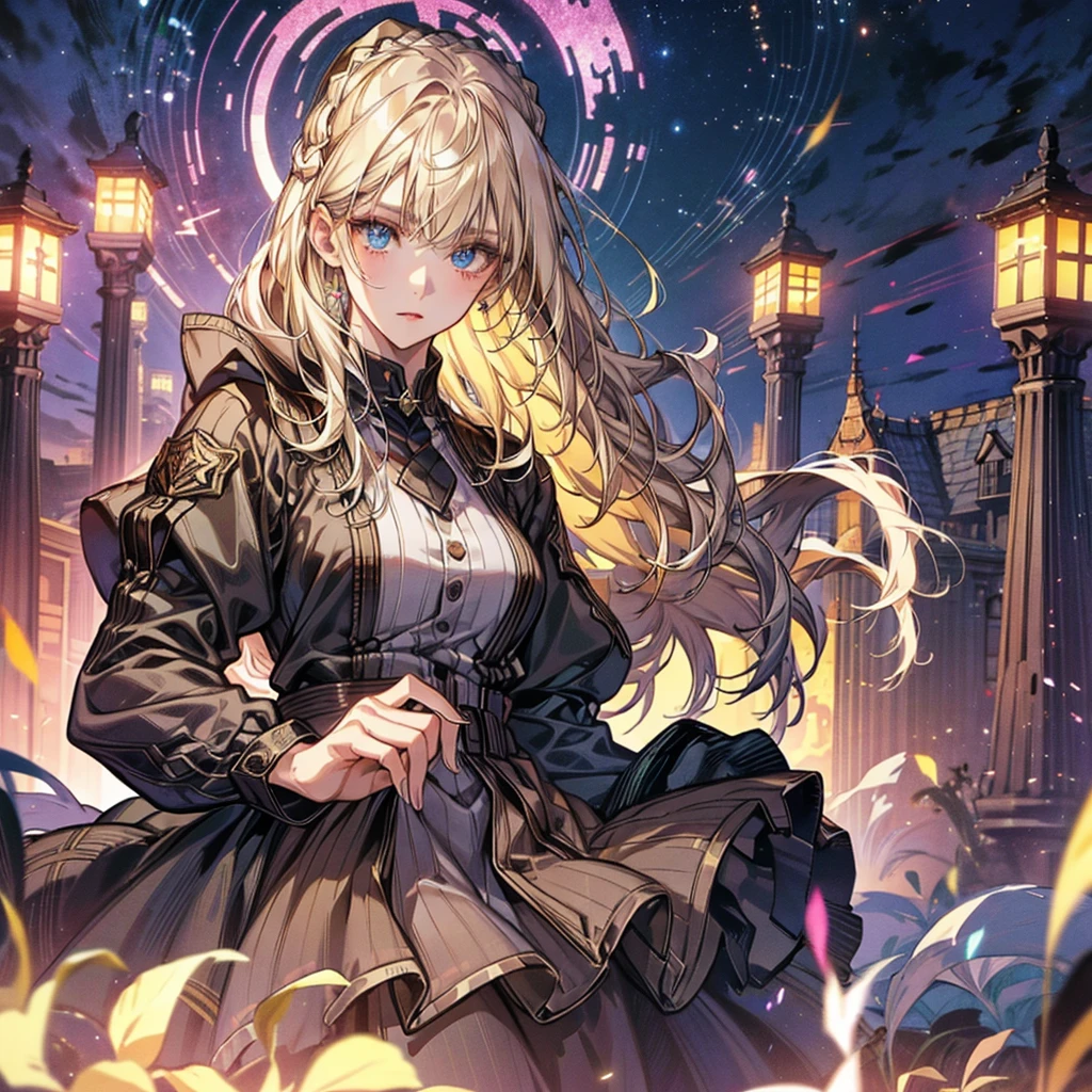 (Official art、Best Quality、Unity 8k Wallpapers、32K、masterpiece、ultra-detailliert、超A high resolution、The best illustrations、Very ridiculous:1.2)、(Cinematic lighting:1.2), 1girl, solo, Autum background, masterpiece, highly detailed, blue eyes, blonde hair, long hair, Rubber Gloss, dress, blush, maid, Detailed beautiful face and eyes、Sharp pupils、Realistic pupils, (Ultra-detailed and complex 3D rendering), (super detailed skin、detailed skin textures:1.3)