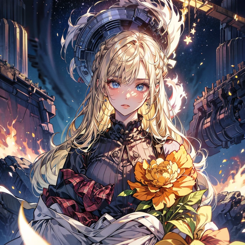 (Official art、Best Quality、Unity 8k Wallpapers、32K、masterpiece、ultra-detailliert、超A high resolution、The best illustrations、Very ridiculous:1.2)、(Cinematic lighting:1.2), 1girl, solo, Autum background, masterpiece, highly detailed, blue eyes, blonde hair, long hair, Rubber Gloss, dress, blush, maid, Detailed beautiful face and eyes、Sharp pupils、Realistic pupils, (Ultra-detailed and complex 3D rendering), (super detailed skin、detailed skin textures:1.3)