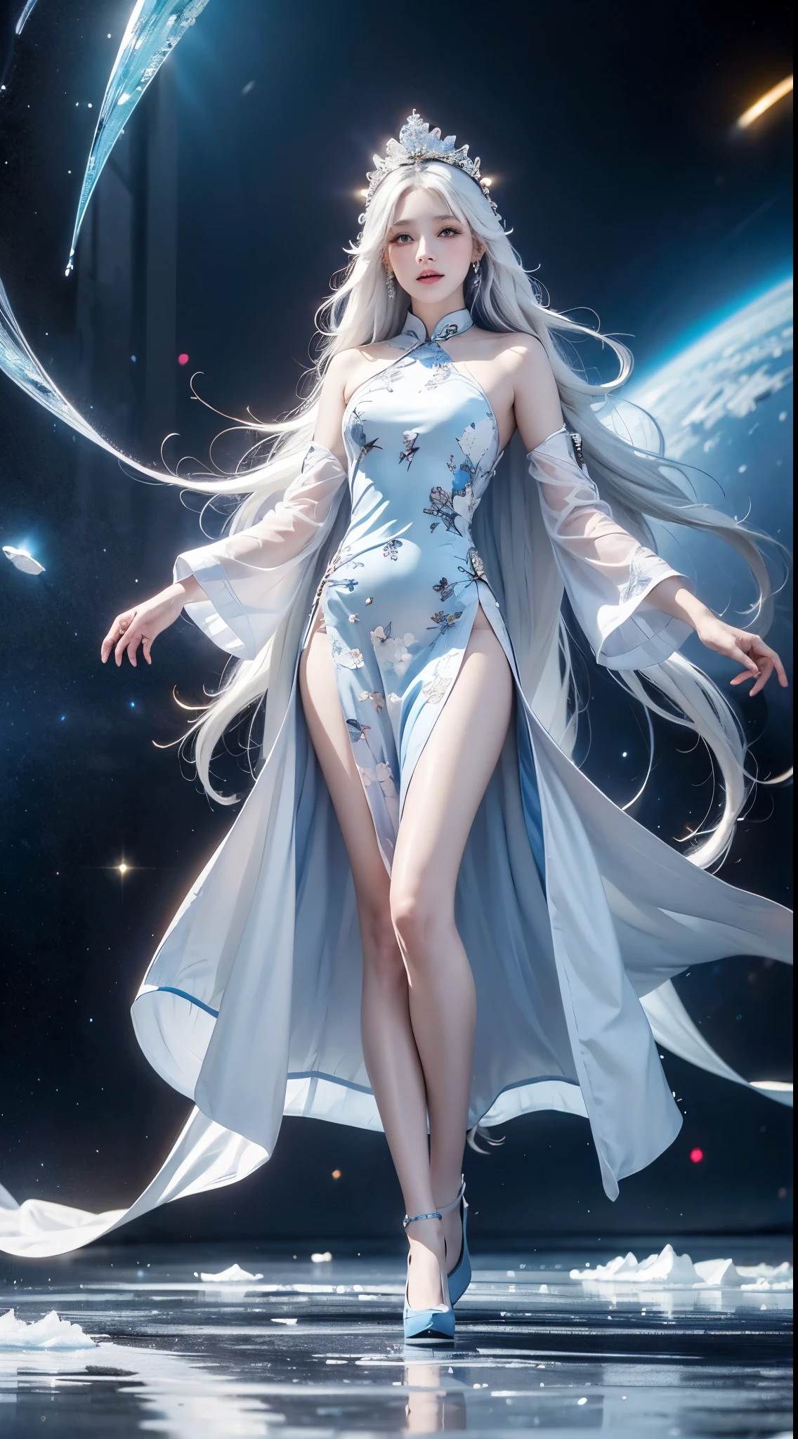 one-girl,Long white hair, long white floating hair, Beautiful long dress, a white long skirt, Fair skin,atarctive,Ice Pick,chilly,Stars,The picture is mainly blue and white,ornate decoration,noble, (cool colours: 1.3)ornate decoration, headdress, Ice pick crown, Jewelry and diamonds, cool colours, High cold, Fair skin, Blue, White and cool background, Blue and white blue and white porcelain cheongsam, High-forked cheongsam, Standing in a palatial palace, Stadium, (Blue, White and cool color space: 1.4), Full body photo, Long legs, Long legs, Long legs.indoor, Bright ground, Specular reflection, Reflection, 1girll, Ice,
