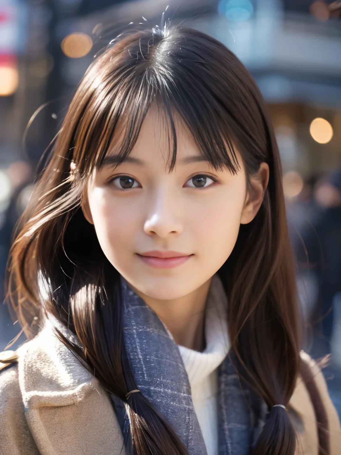 photorealistic, 8k full-length portraits, Beautiful woman, A charming expression, Clear system, 20-year-old, Tokyo, winter, Shibuya in the background