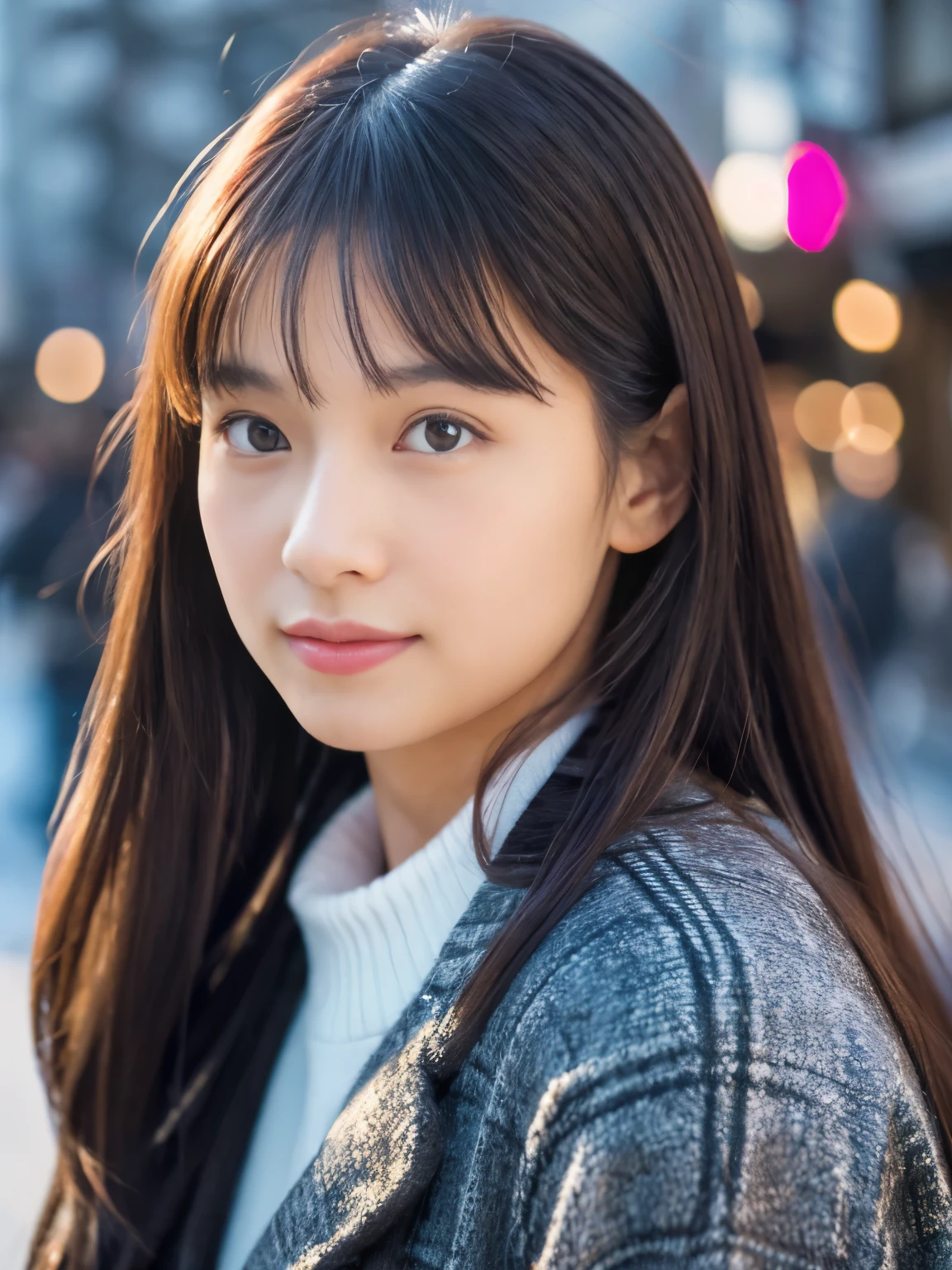 photorealistic, 8k full-length portraits, Beautiful woman, A charming expression, Clear system, 20-year-old, Tokyo, winter, Shibuya in the background