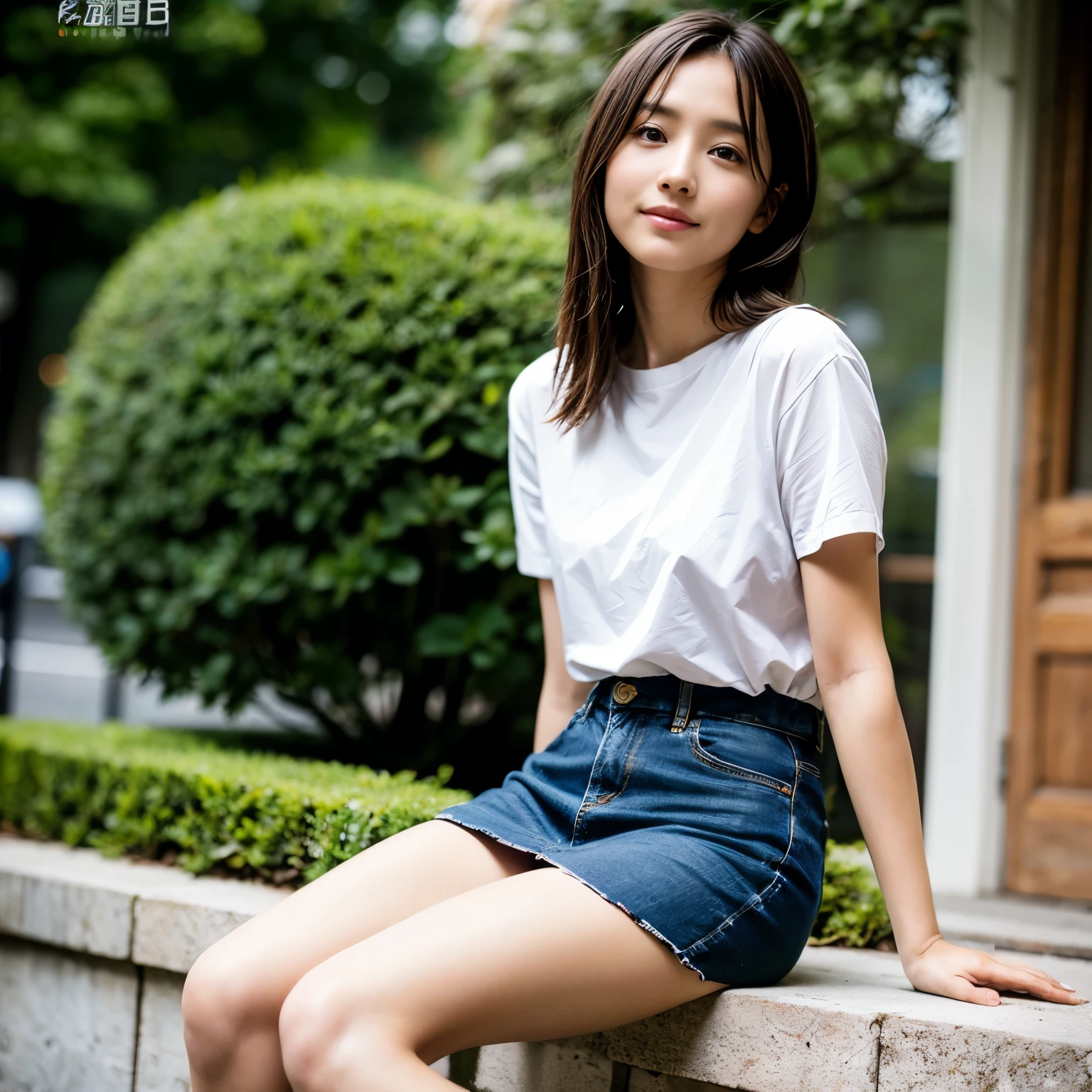 1 girl,(black hair medium long)(beautiful hair), actress, smile, shiny skin, highest quality, masterpiece, (realistic:1.4), Terrace seats, ue, France, Paris, denim mini skirt (realistic fabric), white short sleeves (Cotton fabric), (No logo), thin fingers