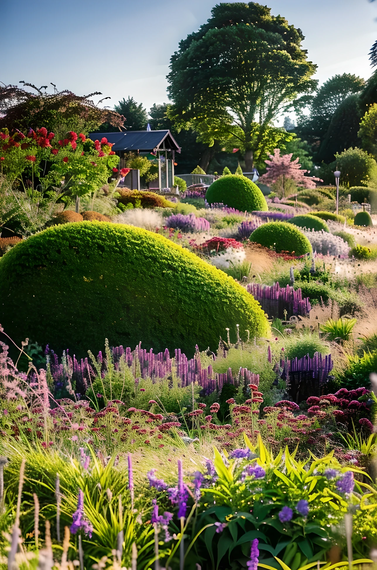 Ornamental grass, Landscape Design, beautiful garden, a modern castle, The scene is spectacular, A couple walking on the road in the middle, The flowers on both sides are blooming beautifully, breeze blows, the world is beautiful,((best quality)),((best quality)),((real location)),Shoot real,(masterpiece),pray,Super detailed,complex,Photo-like image quality