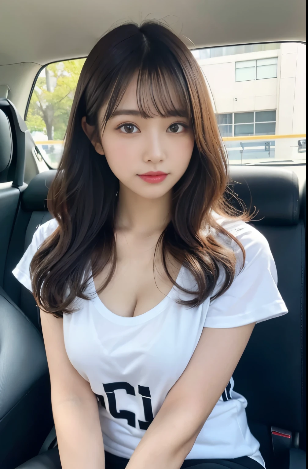 There is a woman sitting in a car with a bag on her lap, legs taking your pov, sitting in her car, legs showing, driving, [ photograph, pantyhose tights, 4l, wearing knee socks, Women's Gigachad, Right-hand drive, Ha12.0, 24 year old woman in black baggy t-shirt, Short sleeves, Basic round neck, (Elastic medium-breasted, とても愛らしいティルキッシュビューティー1 girl、(brightenedする光:1.2)、(improve quality:1.4)、 (highest qualityのrealテクスチャスキン:1.4)、 (Mood up the body line:1.1)、(Improve skin texture:1.1), T Masterpiece,best quality, 1 girl,1 boy ,Frolic,At the School Art Festival,On the playground,cleavageの接写,brightened,Brightness,Warm and soft sunshine,noon,(Live shooting、In 4K、masterpiece、High resolution、very complicated)(real:1.4)、Delicate girl illuminating facial features in a movie、View Viewer 1 Girls、single focus、Hotly、white skin、(huge boobs、cleavage)、(highest quality)、(Hi there、very delicate and beautiful)、(beautiful 8k face)、(brown eyes)、(Ulsan-6500:1.0)、(solo)、(Watching side)、(audience)、(huge boobs)、(ticker)、bent down、((basketball sportswear))、(Playing Basketball)、((Inside the gymnasium))