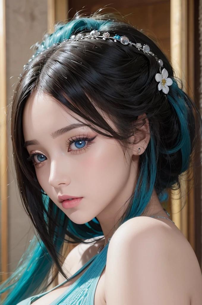 Cabello Azul Claro, ojos turquesa, long eyelashes, grandes labios rojos, ojos de albaricoque, belleza, Femenino, Pelo RIZADO, Princesa