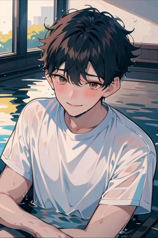 a boy is sitting in the water, ((wet hair))、Collected wet clothes in the southeast.、bare shoulders、colorless hair,(( short hair)), with brown eyes, Clear lake,, reflected light, 8K, super detail, high details, high details, best quality、shy smile、Touching hair、Raise bangs、amount、