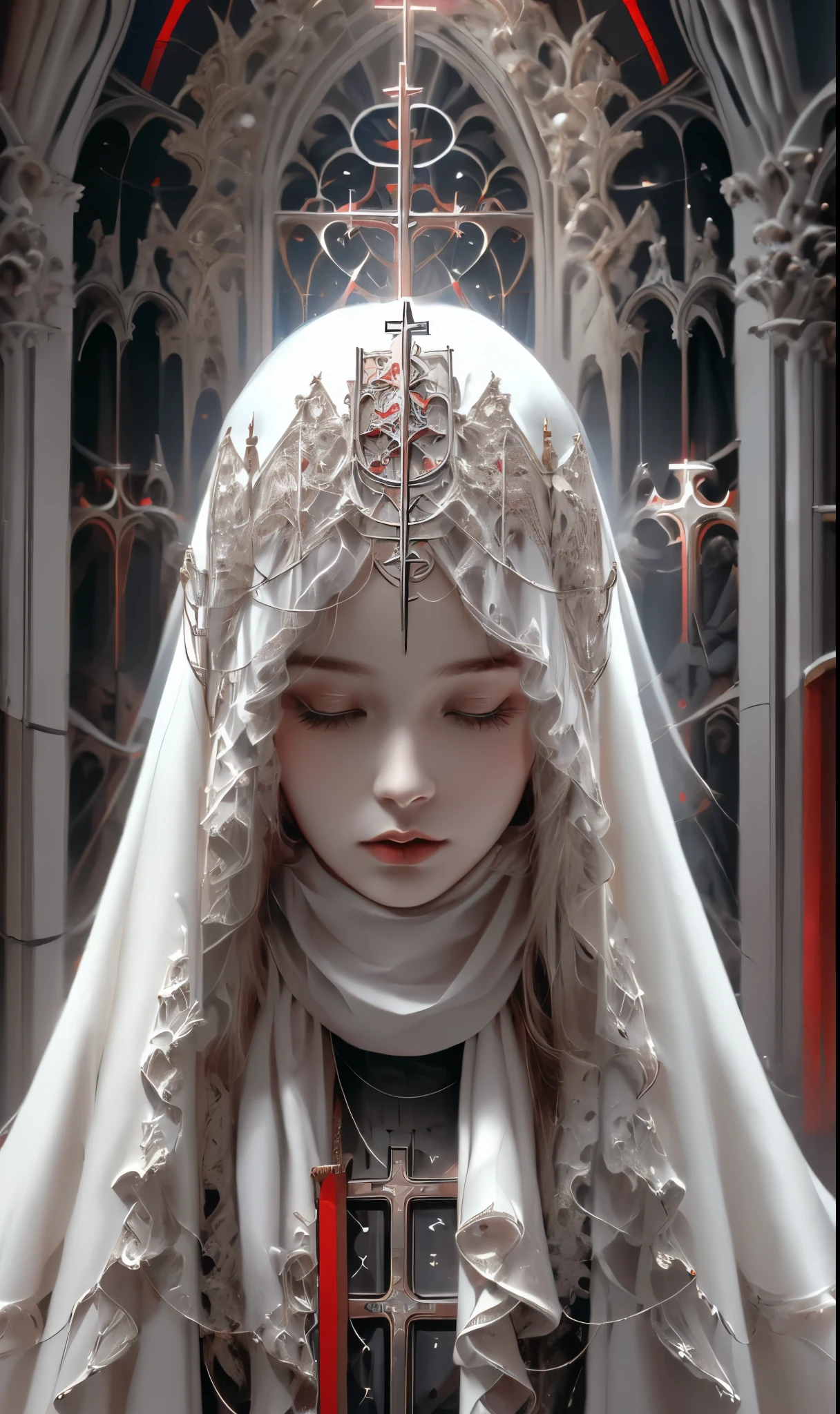 Shadrach Jaroselev&#39;s《goddess》, gothic futuristic style, dark white and light red, Super detailed illustrations, ultra high definition images, Gorgeous costume details, intricate clothing, (cathedral:1.6)(beautiful clear background:1.4), (Transparent eye mask:1.1), (scarf:1.3),