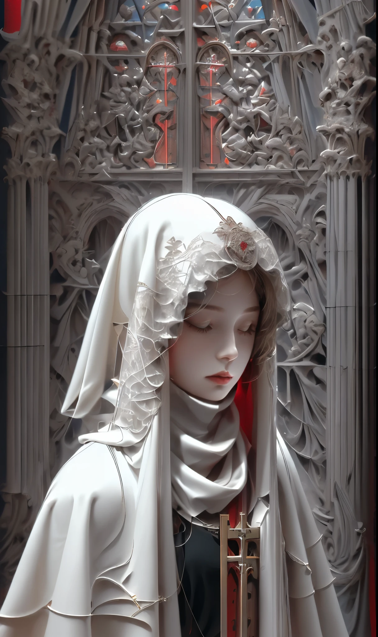 Shadrach Jaroselev&#39;s《goddess》, gothic futuristic style, dark white and light red, Super detailed illustrations, ultra high definition images, Gorgeous costume details, intricate clothing, (cathedral:1.6)(beautiful clear background:1.4), (Transparent eye mask:1.1), (scarf:1.3),