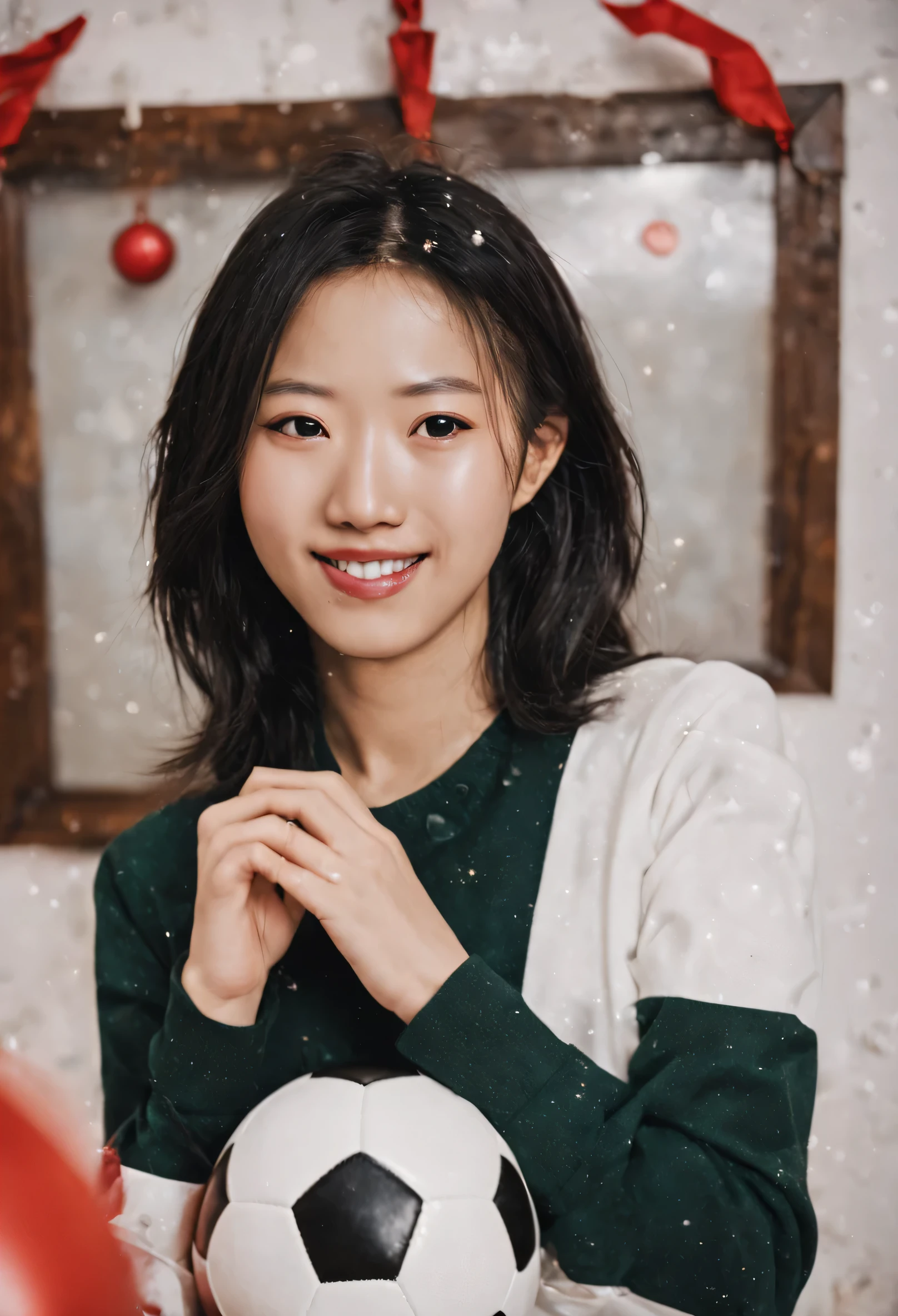 8k photo portrait of a a realistic pretty japanese girl name mika wanakashi at a christmas party holding a baguette and kicking a soccer ball in highly detailed, vibrant, production cinematic, reflections on wet street, 8k, film grain, 70mm, portra 800