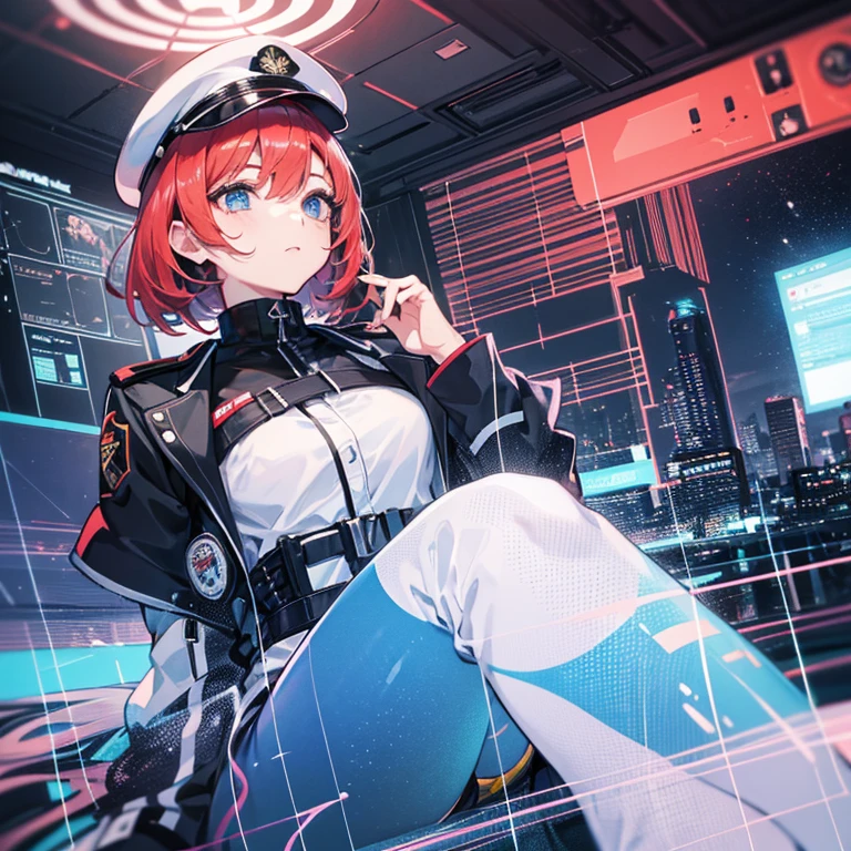 (((masterpiece、Highest image quality、highest quality、highly detailed unity 8kwallpaper)))、(Illustration of one woman)、30 years old、(Viceroy)、((Red-haired shorthair))、(Thin hair hanging down both sides of the face)、blue eyes、((tall))、((Muscle Woman、stocky build、muscular legs、broad shoulders、solid chest))、((Military uniforms))、((Military Cap))、((Military coat))、(white clothes)、(White pants)、(white hat)、trench coat、、(((manspreading、Sitting in the captain's seat)))、(((Inside a futuristic spaceship、Surrounded by instruments and monitors、The Universe on the Monitor、Earth seen from space)))