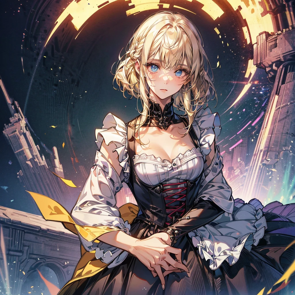 (Official art、Best Quality、Unity 8k Wallpapers、32K、masterpiece、ultra-detailliert、超A high resolution、The best illustrations、Very ridiculous:1.2)、(Cinematic lighting:1.2), 1girl, solo, masterpiece, highly detailed, Forrest background, blue eyes, blonde hair, long hair, Rubber Gloss, dress, blush, maid, Detailed beautiful face and eyes、Sharp pupils、Realistic pupils, (Ultra-detailed and complex 3D rendering), (super detailed skin、detailed skin textures:1.3)