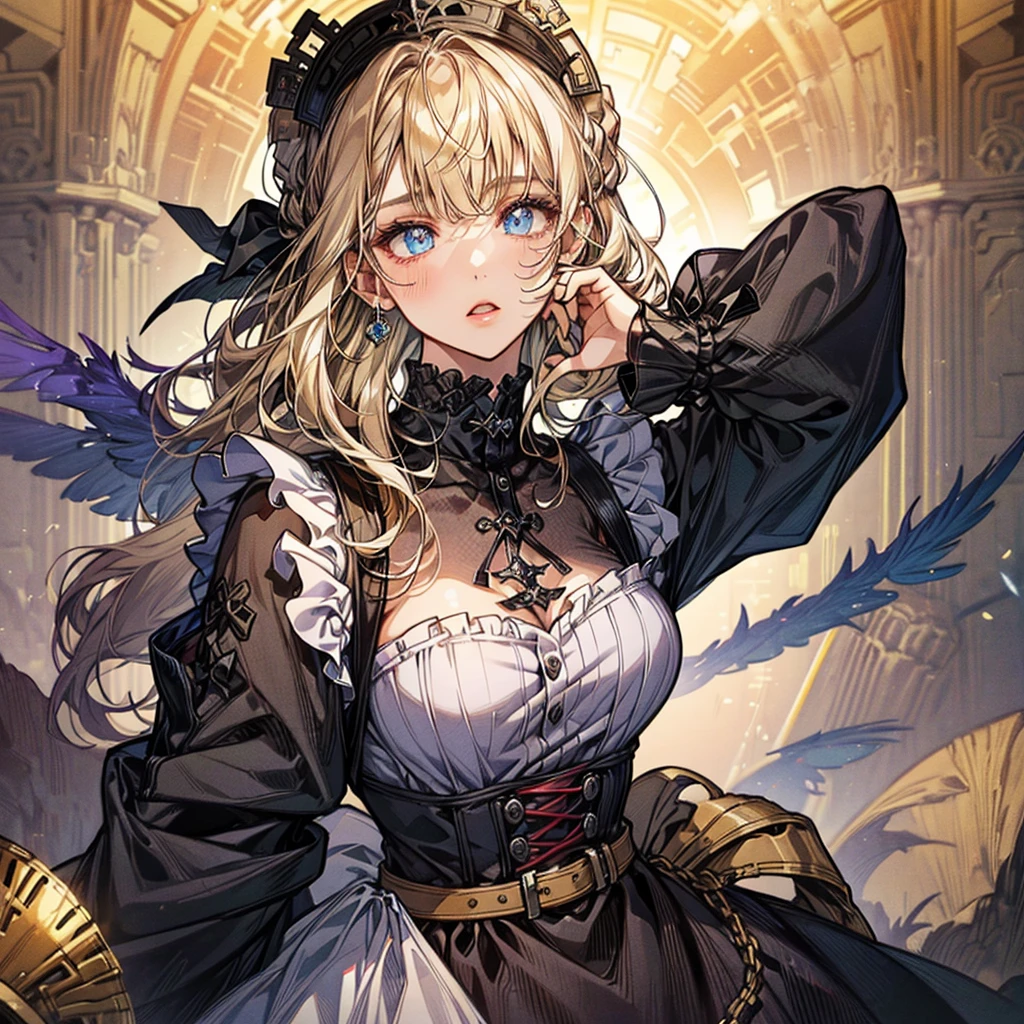 (Official art、Best Quality、Unity 8k Wallpapers、32K、masterpiece、ultra-detailliert、超A high resolution、The best illustrations、Very ridiculous:1.2)、(Cinematic lighting:1.2), 1girl, solo, masterpiece, highly detailed, Forrest background, blue eyes, blonde hair, long hair, Rubber Gloss, dress, blush, maid, Detailed beautiful face and eyes、Sharp pupils、Realistic pupils, (Ultra-detailed and complex 3D rendering), (super detailed skin、detailed skin textures:1.3)