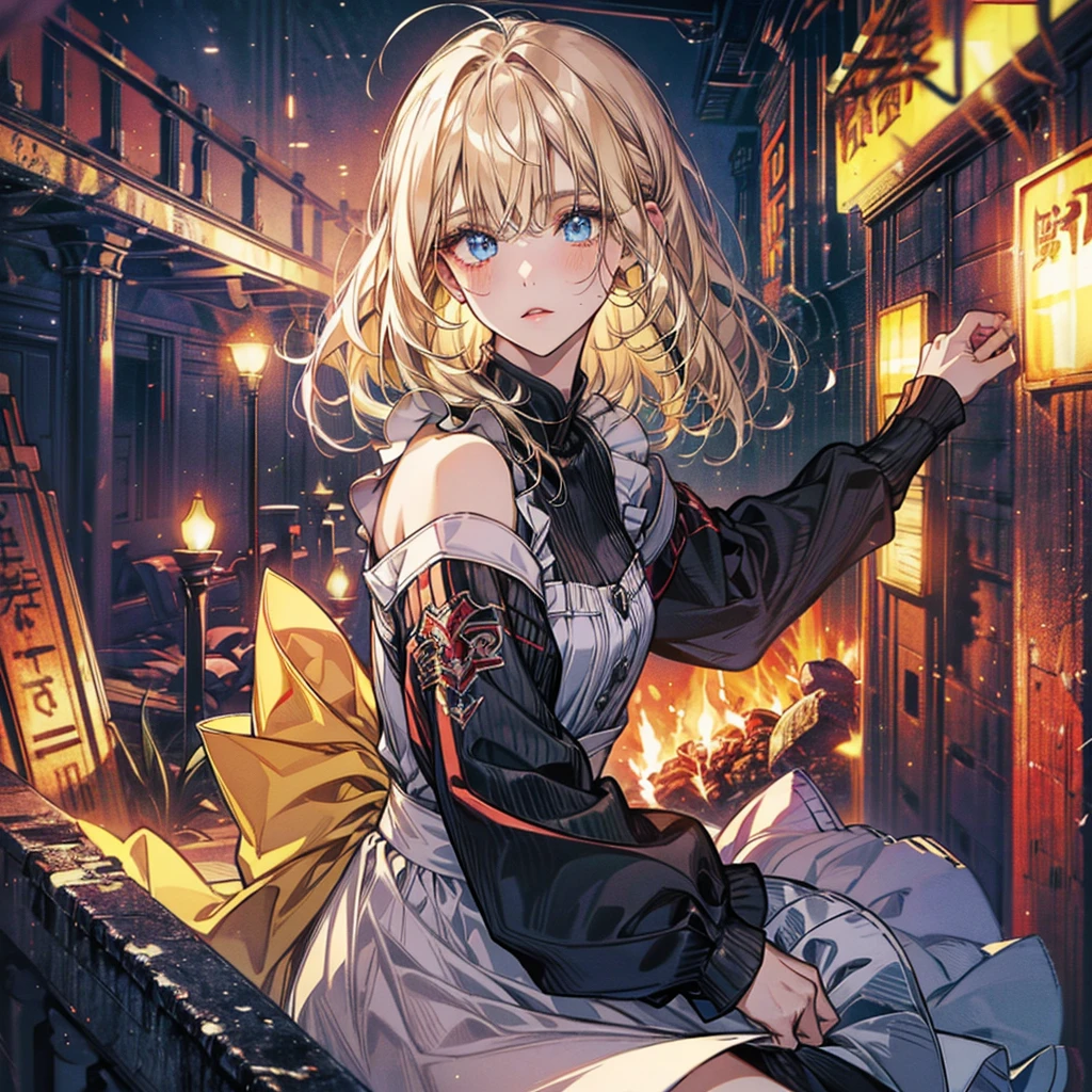 (Official art、Best Quality、Unity 8k Wallpapers、32K、masterpiece、ultra-detailliert、超A high resolution、The best illustrations、Very ridiculous:1.2)、(Cinematic lighting:1.2), 1girl, solo, masterpiece, highly detailed, Forrest background, blue eyes, blonde hair, long hair, Rubber Gloss, dress, blush, maid, Detailed beautiful face and eyes、Sharp pupils、Realistic pupils, (Ultra-detailed and complex 3D rendering), (super detailed skin、detailed skin textures:1.3)