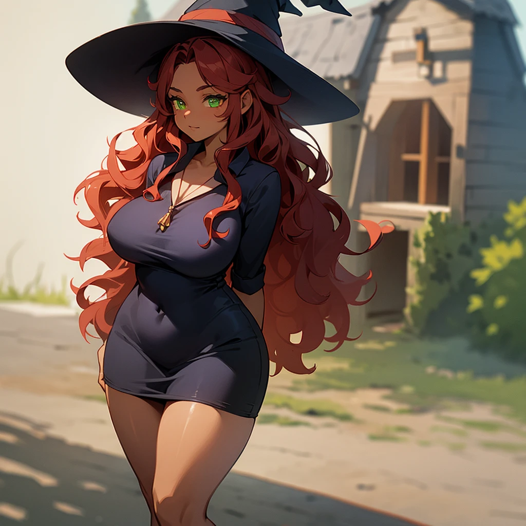 (((Dark Skin Woman))),(((Wearing a cottage style dress))),(((wearing a witch's hat))),(((Red wavy hair))),(((Lime green eyes))),(((Curvy body))),(((Alone)))