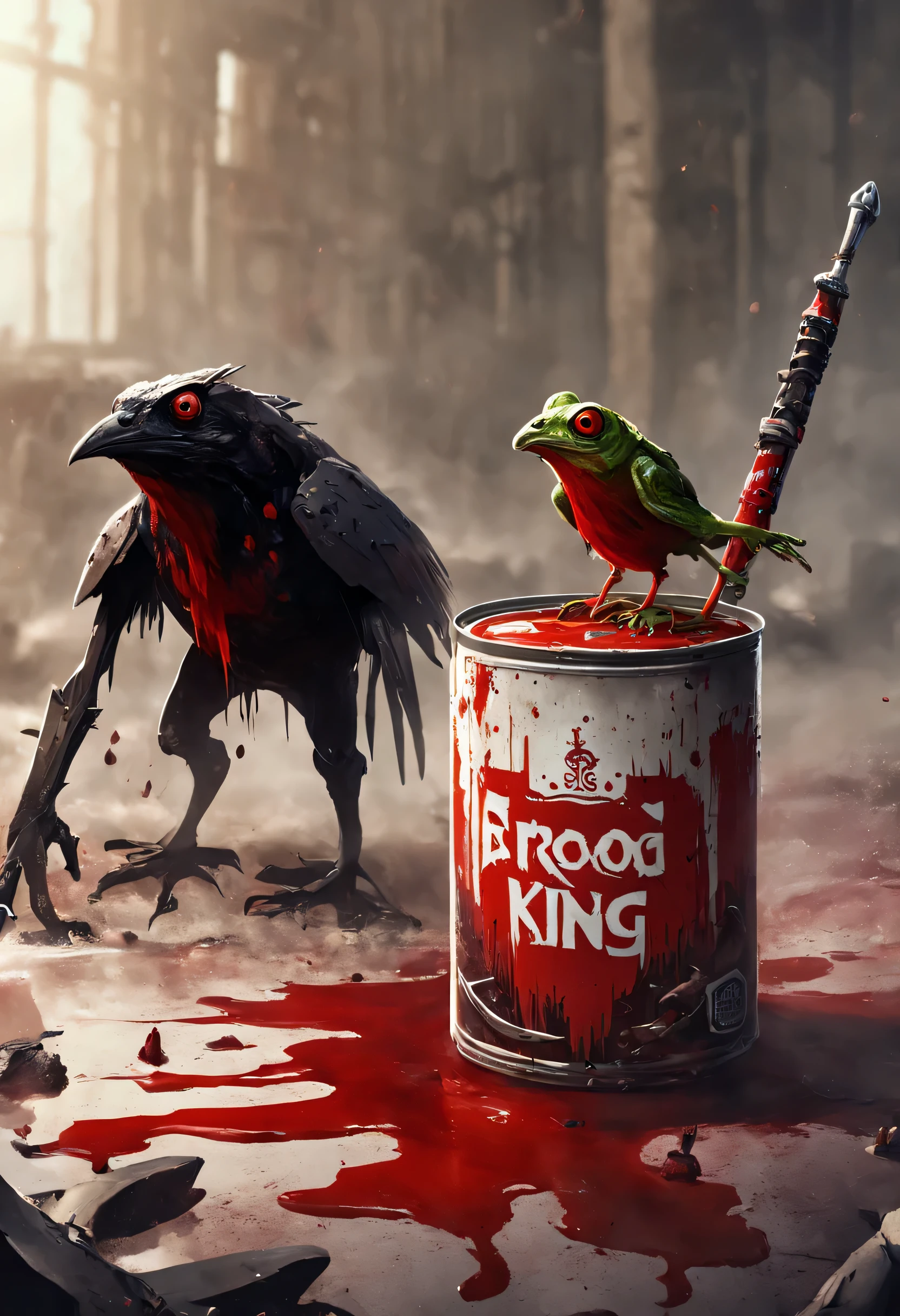 Can of soup in a Dystopian rubble with blood all over the place. A Frog King and a Raven King standing behind the can of soup holding weapons.
