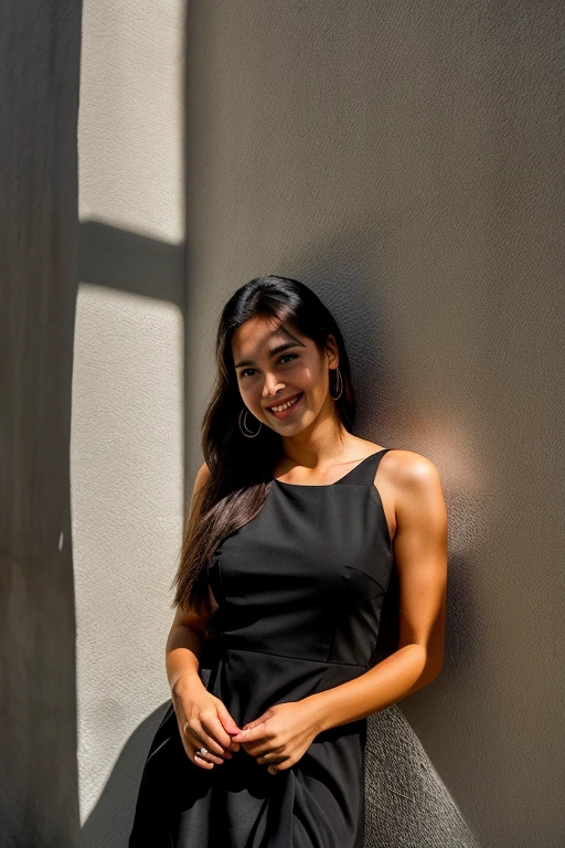 RAW photo, face portrait photo of beautiful 26 y.o woman, cute face, wearing black dress, happy face, hard shadows, cinematic shot, dramatic lighting