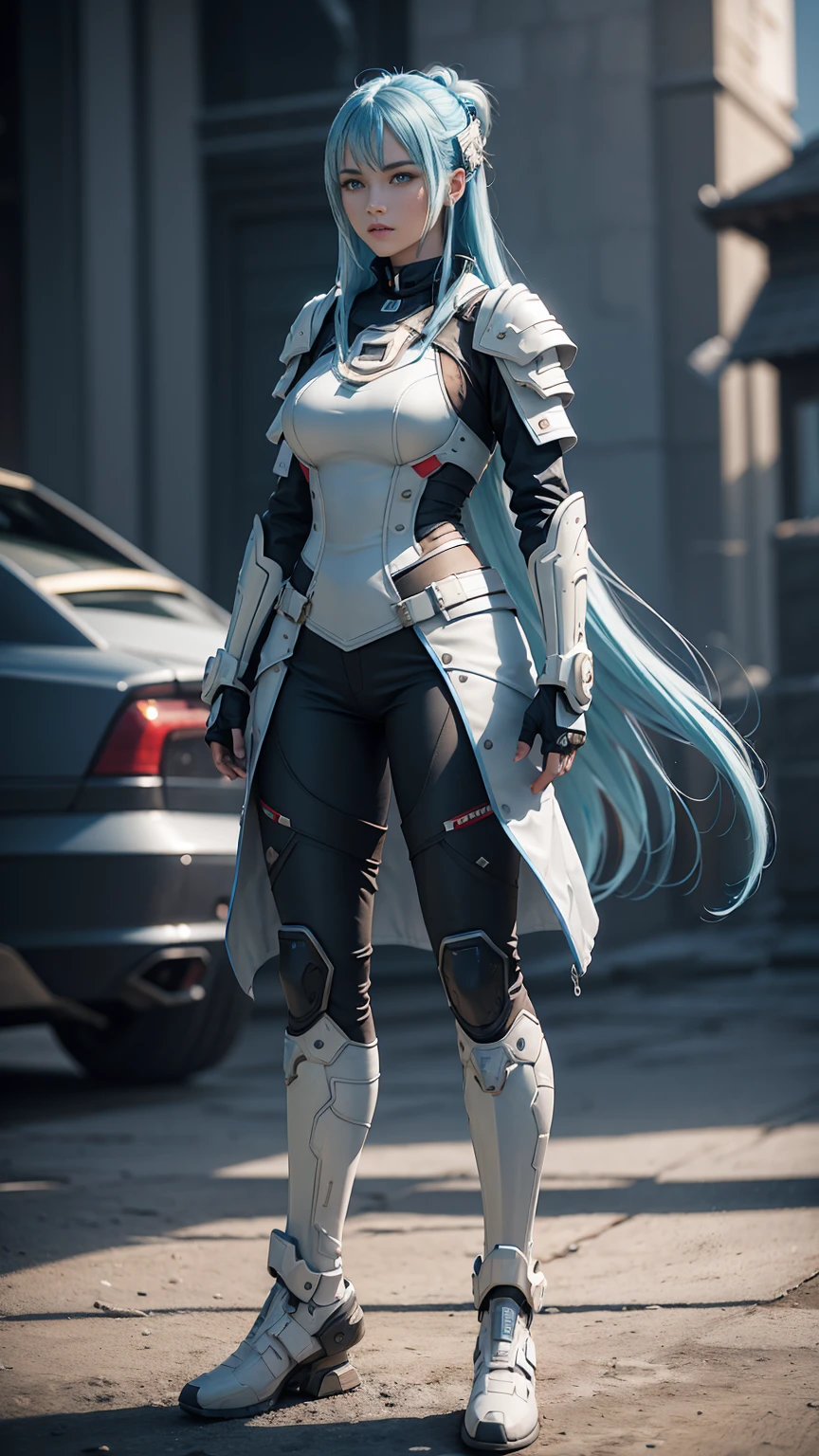 ((Best quality)), ((masterpiece)), (detailed:1.3), full body, side view, 3D, an image of a beautiful cyberpunk female, straight long hair, Ice Blue hair, beautiful blue eyes, HDR (High Dynamic Range),Ray Tracing,NVIDIA RTX,Super-Resolution,Unreal 5,Subsurface scattering,PBR Texturing,Post-processing,Anisotropic Filtering,Depth-of-field,Maximum clarity and sharpness,Multi-layered textures,Albedo and Specular maps,Surface shading,Accurate simulation of light-material interaction,Perfect proportions,Octane Render,Two-tone lighting,Wide aperture,Low ISO,White balance,Rule of thirds,8K RAW, battlefield, holding guns,