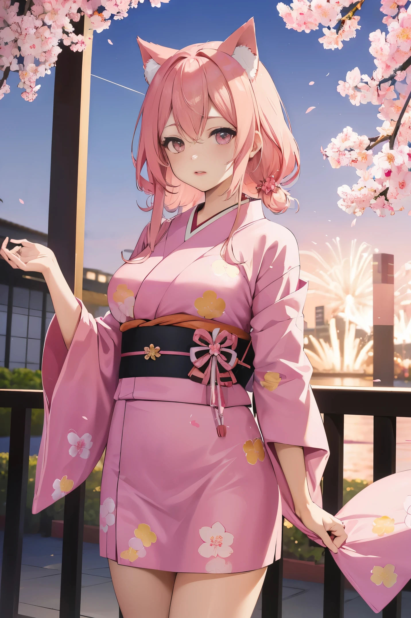 "anime girl, 1 person, pink hair, pink cat ears, pink eyes, kimono, cherry pink kimono, cherry blossom petal pattern on shirt, long stockings, big breasts, festival, New Year's Eve fireworks, watching fireworks, night, solo, looking from different directions, standing cross-legged. (full HD 4K+ image)"