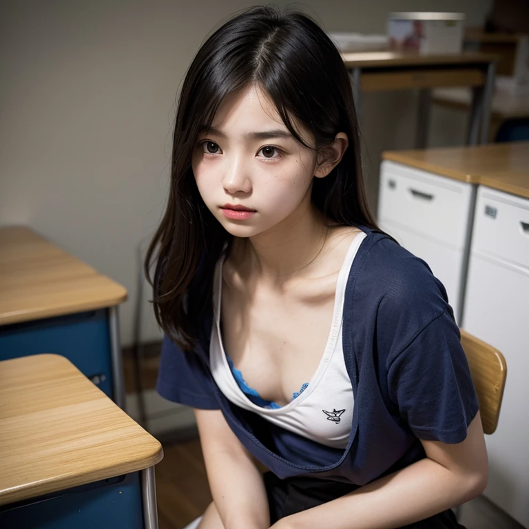 1girl, downblouse, 15yo, munechira, small breasts,  small chest,  looking away,  leaning forward,  expressionless,   t shirt , plus detailed bra within, desk, school,