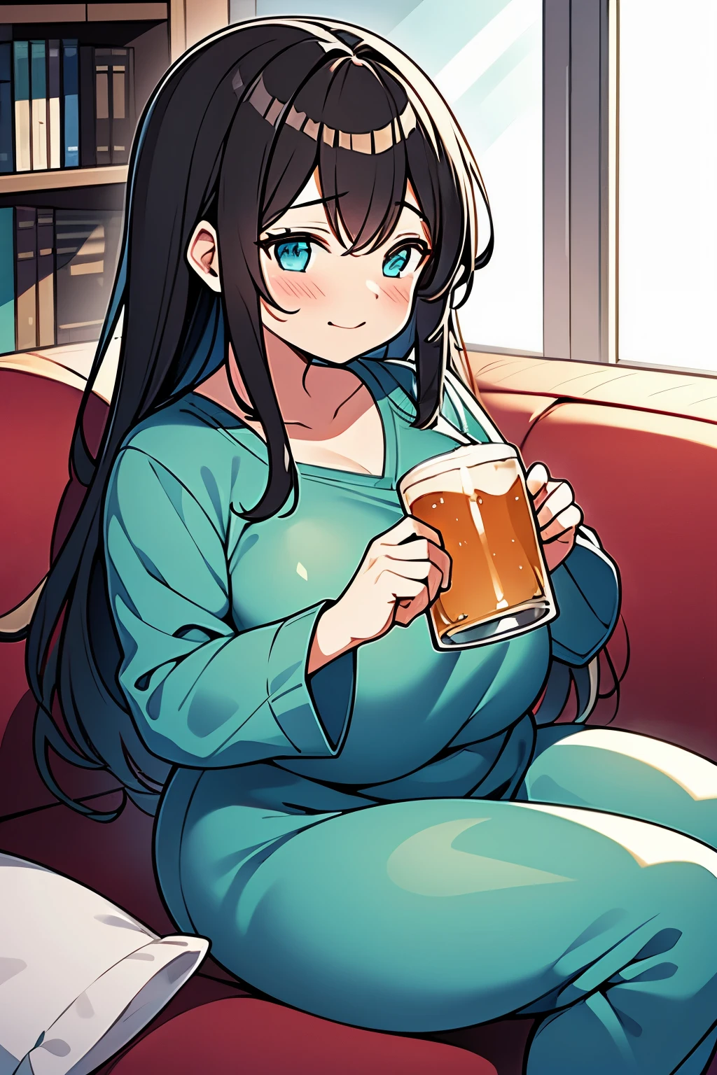 an angel woman sitting on a couch with a glass of beer, chubby mommy anime girl, top rated on pixiv, at pixiv, thicc, plump, voluptuous, pixiv, popular on pixiv, wide angel, pixiv, with a drink, 4k digital art, chocolate brown hair, small angel wings, heaving breasts, long sleeves, teal pajamas, long teal gown, thick long hair