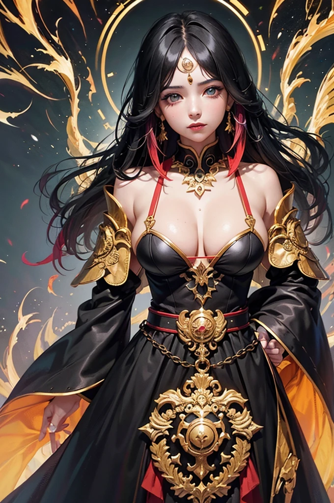 Amazing illustration of the dragon behind the beautiful girl, dark magician gils, cabello rubio y largo, ojos verdes, labios rojos, Hermoso kimono negro con rosado, Masutepiece, A golden dragon surrounded by gold dust, viento, DIOS, Cuerpo largo y ondulado, Colmillos, fantasy, mito, alta calidad, Altamente detallado, Masutepiece, epopeya, Particle effect, dynamic effects, Los ojos son cristales, Buena suerte, fondo dorado, Wealth is on the rise, oro, una cabeza, realista, Dragon God, El fondo es dorado, 7 colores de brillo, grandes,