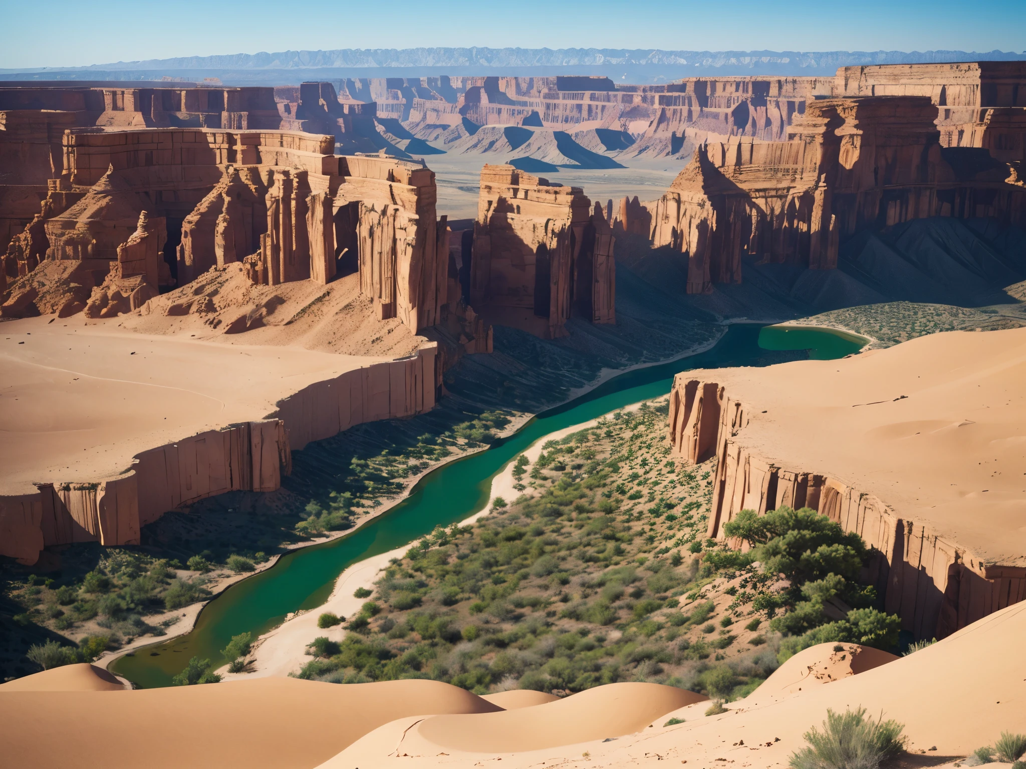 (masterpiece, best quality), best resolution, vast desert canyon, bird's eye view