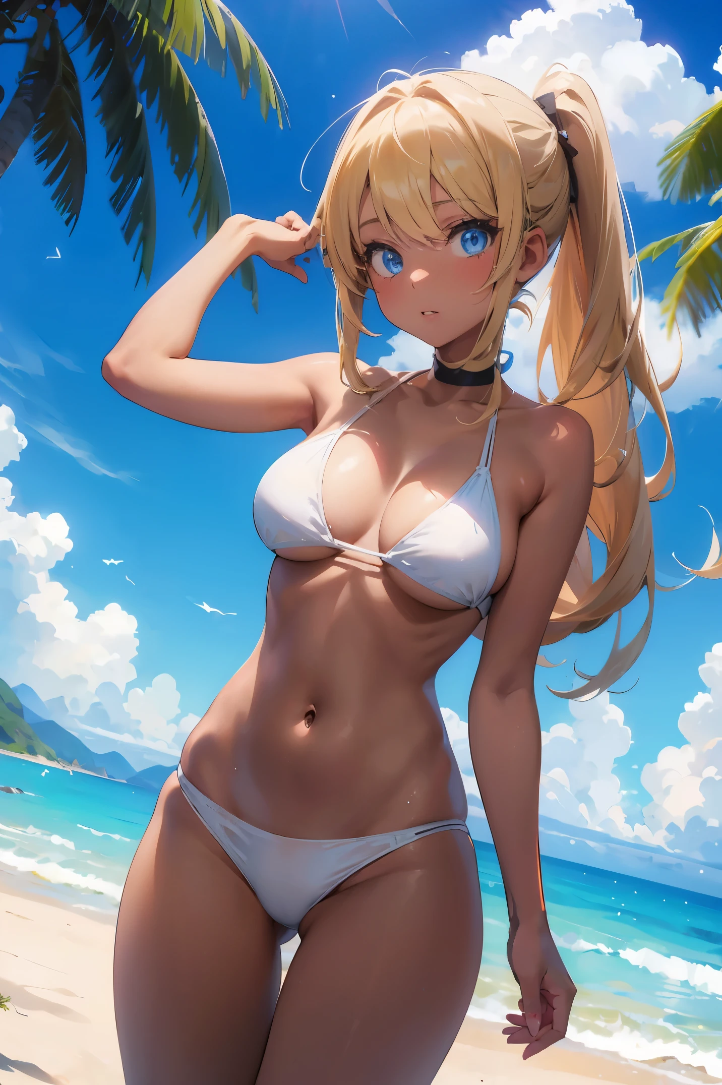 anime character, girl, 18 years old, gyaru, black skin, blonde hair, blue eyes, white bikini, on beach, 4k