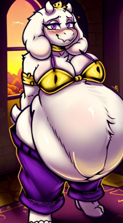 by Zackary911, Zackary911, (((Toriel, woman, breasts, antrum, extremely detailed, extremely detailed legs, extremely detailed arms, extremely detailed face, perfectly detailed eyes, perfectly detailed anatomy))): 1.2, solo, perspective, curved thighs, huge thighs, curvature, looking over the viewer over the shoulder with embarrassed smile, (tail), bedroom, sunset, standing, totally blushed, nervous, tiara, choker, hoop earrings, o-ring bandeau, vambraces, purple pants, purple shoes,
very long hair, braided ponytail, headdress, gold bikini, armlet, bracelet, thigh band, vore, fat, overweight, large belly, thick thighs