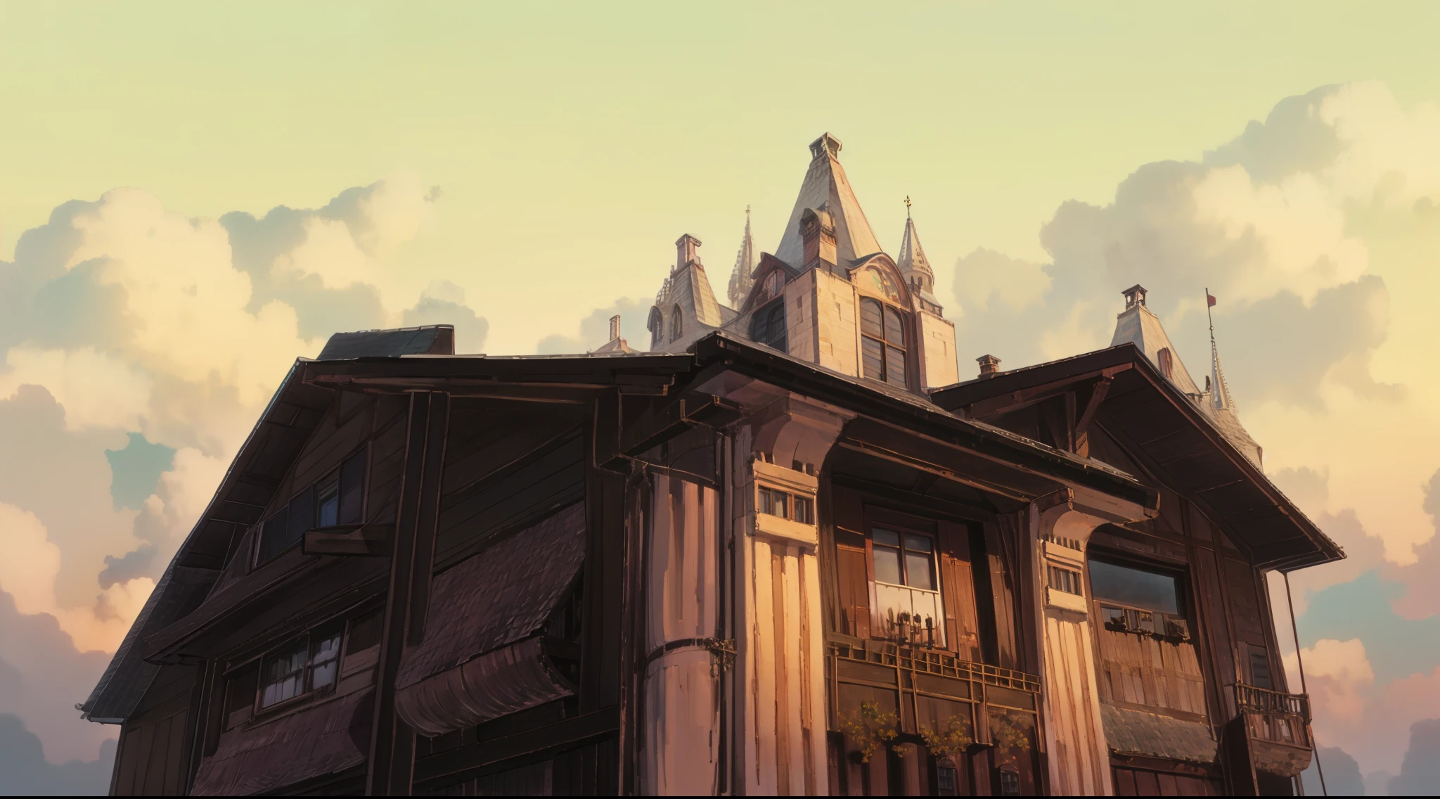a gothic home, morning sunrise, window bars, victorian home details, gothic architecture details, porch, from below