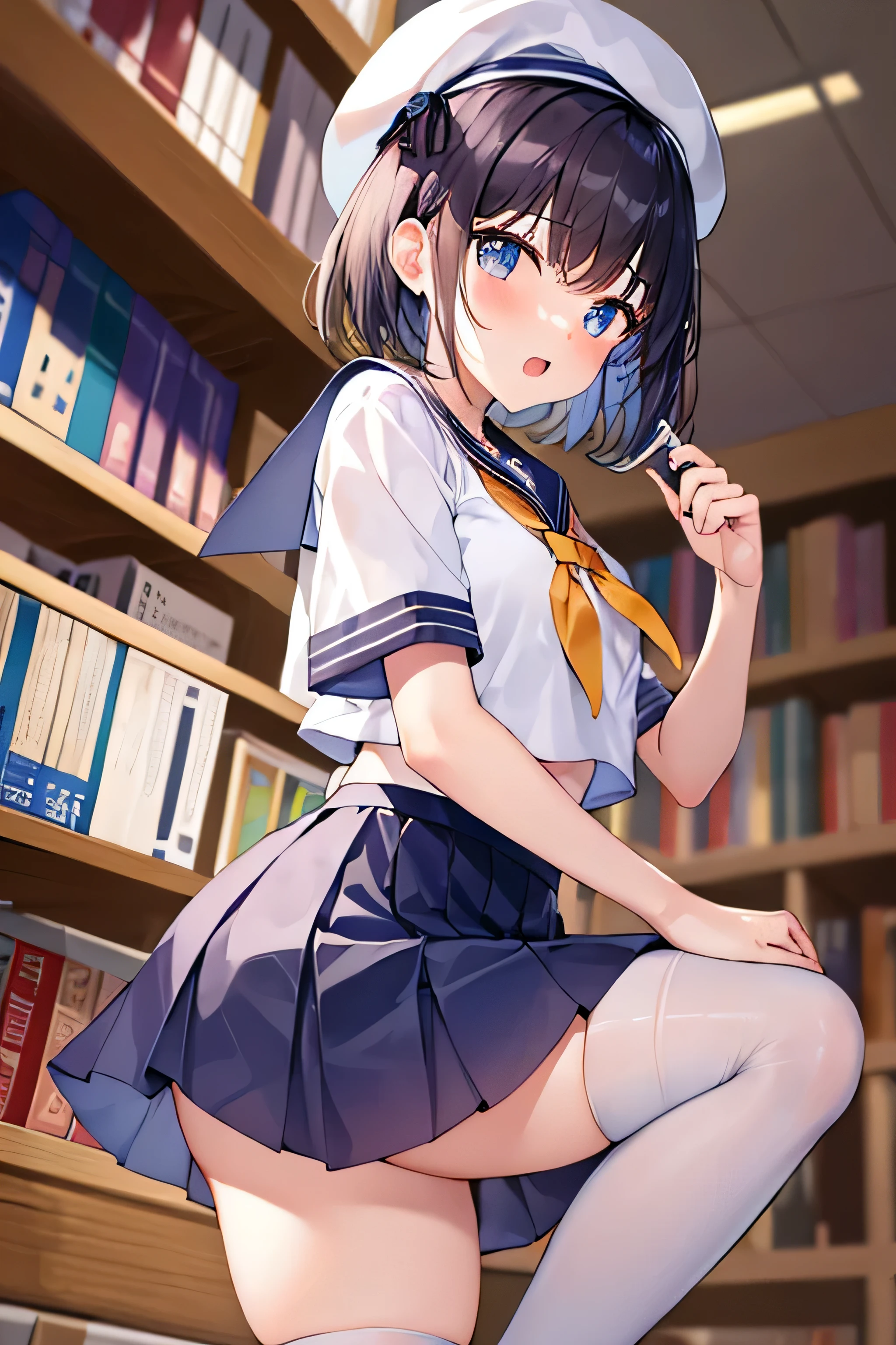 masterpiece、Highest image quality、ultra high resolution、well developed girl、、short hair、red face、mock、Please open your mouth just a little、short sleeve sailor suit、kids mini skirt、kids white beret、kids knee socks、Inside the library