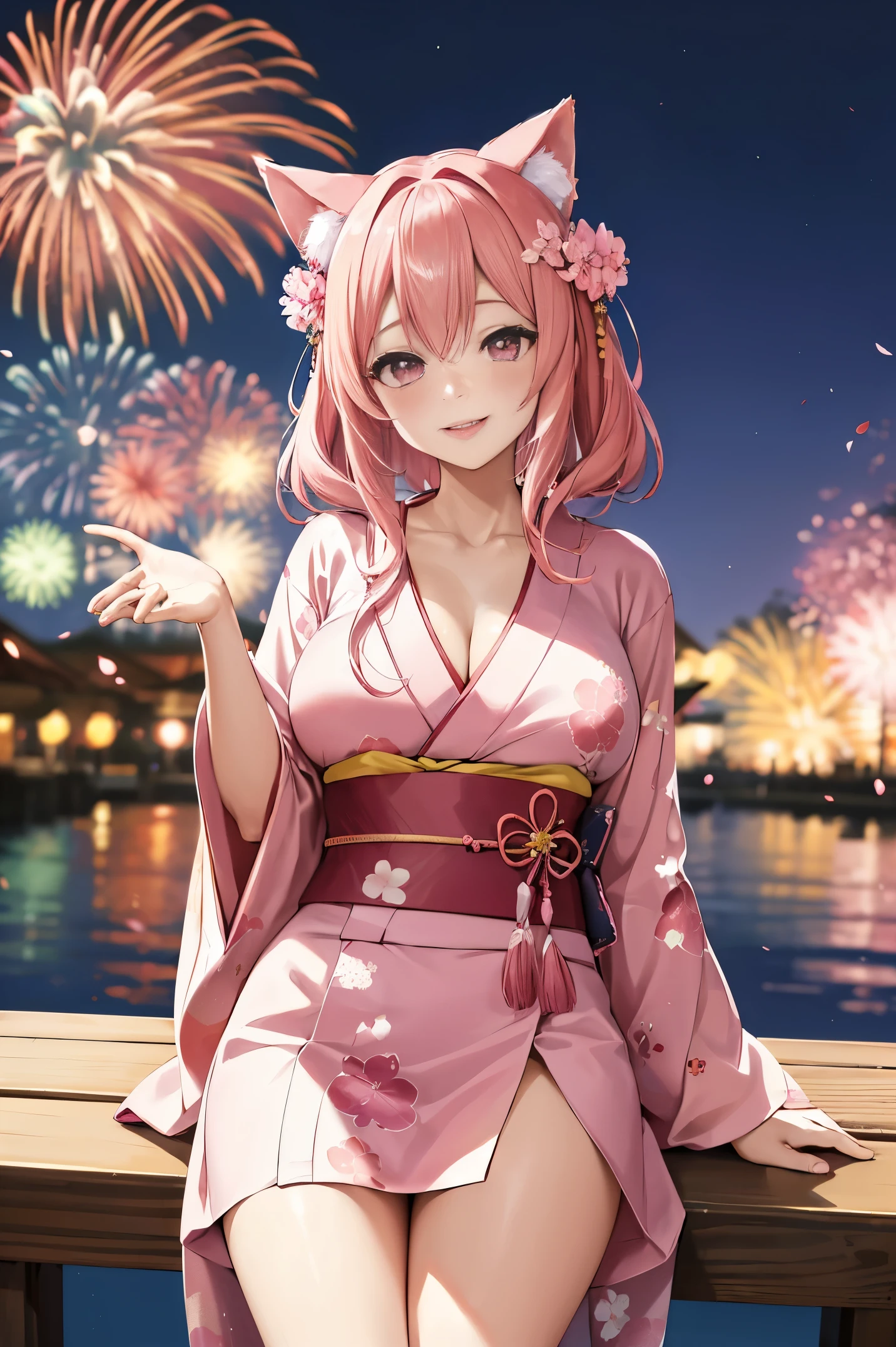 "anime girl, 1 person, pink hair, pink cat ears, pink eyes, kimono, cherry pink kimono, cherry blossom petal pattern on shirt, long stockings, big breasts, festival, New Year's Eve fireworks, watching  fireworks, night, smiled shyly,solo, looking from different directions, standing cross-legged. (full HD 4K+ image)"