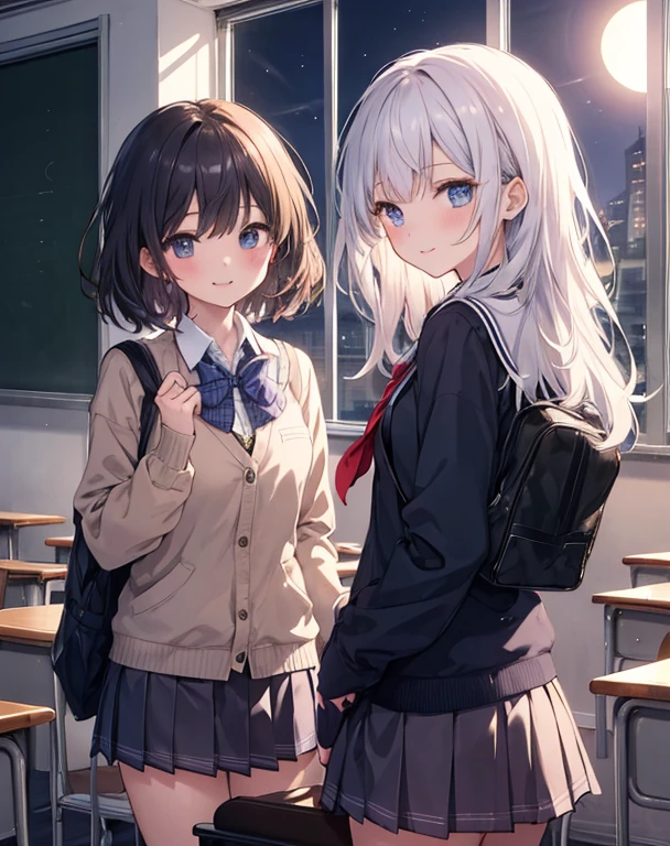 ((masterpiece)),((highest quality)),disorganized,, 2 girls, school uniform, , (classroom:1.1), moonlight, (half closed eyes:0.4), light smile,