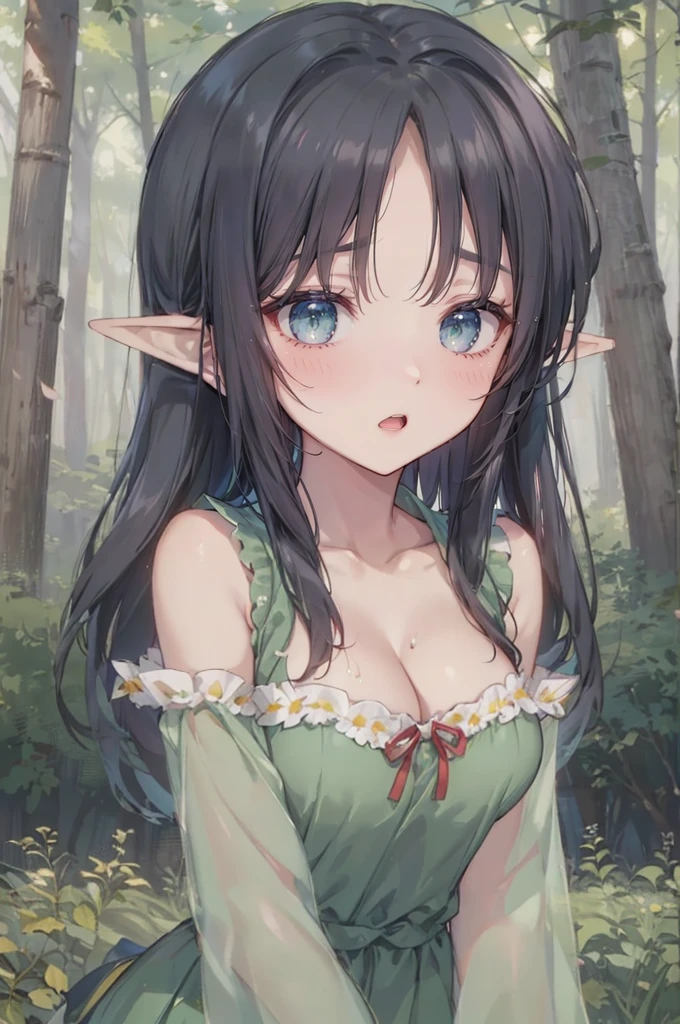 (forest:1.1), (green dress), small breasts, cleavage, super cute, (closeup face and breasts: 1.3), elfgirl, 1girl, masterpiece, professionally drawn, (huge breasts), (cleavage sweat), (anime drawing:1.1), (simple bold lines: 1.1), (anime:1.1), (very cute anime girl), (bright), (low contrast), (prettiest age girl), (mature face: 1.4), (tall girl with big breasts: 1.2), (looking at another: 1.2), (yuri:1.4)