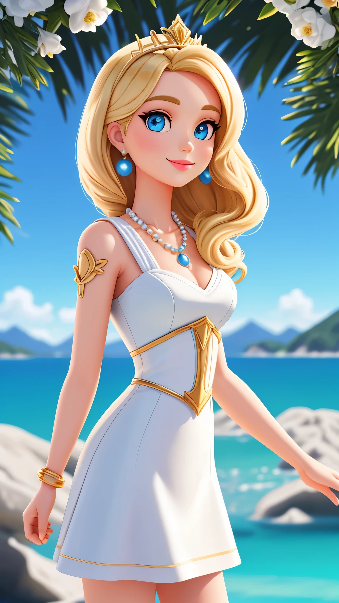 blond Barbie princess standing, Delicate detailed face, animated, detailed white skin texture, long golden hair, adorable, Clean, soft smile, glowing blue eyes, blue colored pupil, white dress, luxurious tiara, gloss, fresh flowers, landscape, ocean, mountains, pine forest, centered golden frame, center, necklaces, pearls, Disney style, high resolution, official art, unreal-engine, high dynamic range, OctaneRender, render, cinema4d, sun ray, porcelaine, looking at viewer, depth of field, from below, masterpiece, 8K, best quality, anatomically correct