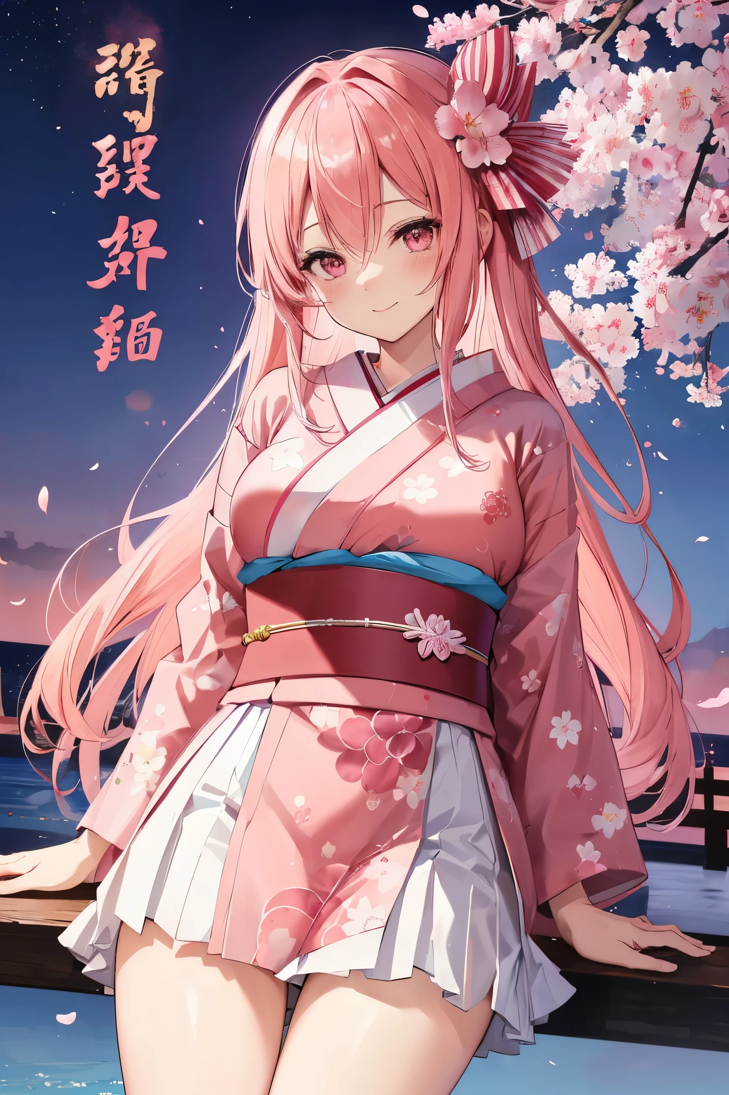 "anime girl, 1 person, pink hair, pink cat ears, pink eyes, kimono, cherry pink kimono, cherry blossom petal pattern on shirt, long stockings, big breasts, festival, New Year's Eve fireworks, watching fireworks, night, smiled shyly,solo, looking from different directions, standing cross-legged. (full HD 4K+ image)"