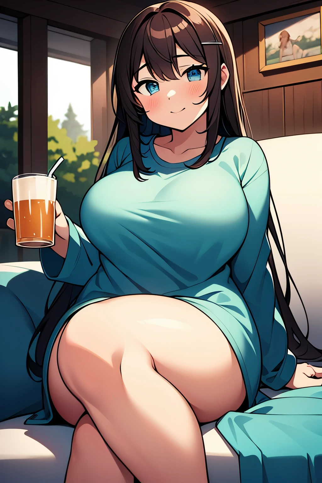 an angel woman sitting on a couch with a glass of beer, chubby mommy anime girl, top rated on pixiv, at pixiv, thicc, plump, voluptuous, pixiv, popular on pixiv, wide angel, pixiv, with a drink, 4k digital art, chocolate brown hair, small angel wings, heaving breasts, long sleeves, teal pajamas, long teal gown, thick long hair